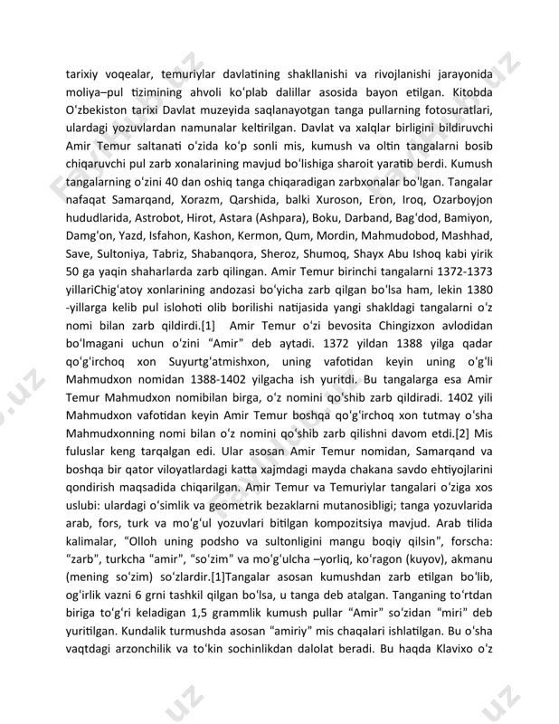a esa shimoliy hindistongacha bo‘lgan mamlakatlarda ham mo‘g‘ullar zulmiga barham berib, adolat bilan idora etilgan markazlashgan saltanat barpo etdi.irpon to‘xtiyev kitobida amir temur hamda temuriylar sulolasi davrida muomalada bo‘lgan tanga pullar, ular bilan bog‘liq tarixiy voqealar, temuriylar davlatining shakllanishi va rivojlanishi jarayonida moliya–pul tizimining ahvoli ko‘plab dalillar asosida bayon etilgan. kitobda o‘zbekiston tarixi davlat muzeyida saqlanayotgan tanga pullarning fotosuratlari, ulardagi yozuvlardan namunalar keltirilgan. davlat va xalqlar birligini bildiruvchi amir temur saltanati o‘zida ko‘p sonli mis, kumush va oltin tangalarni bosib chiqaruvchi pul zarb xonalarining mavjud bo‘lishiga sharoit yaratib berdi. kumush tangalarning o‘zini 40 dan oshiq tanga chiqaradigan zarbxonalar bo‘lgan. tangalar nafaqat samarqand, xorazm, qarshida, balki xuroson, eron, iroq, ozarboyjon hududlarida, astrobot, hirot, astara (ashpara), boku, darband, bag‘dod, bamiyon, damg‘on, yazd, isfahon, kashon, kermon, qum, mordin, mahmudobod, mashhad, save, sultoniya, tabriz, shabanqora, sheroz, shumoq, shayx abu ishoq kabi yirik 50 ga yaqin shaharlarda zarb qilingan. amir temur birinchi tangalarni 1372-1373 yillarichig‘atoy …