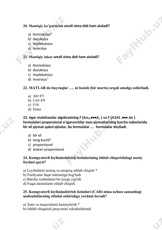kompyuterli loyihalashtirish tizimlari yordamida qanday muammolarni hal qilish mumkin? a) faqat mahsulotni sotish muammolarini b) yangi xodimlarni yollash muammolarini c) dizayn, sifat va ishlab chiqarishdagi xatoliklarni * d) marketingning samaradorligini oshirish javob: c) dizayn, sifat va ishlab chiqarishdagi xatoliklarni * 1.matlab tizimida o'zgaruvchilarni qanday ko'rish mumkin? a) who yordamida b) whos yordamida c) help yordamida d) clear yordamida to'g'ri javob: a) who yordamida * 2. quyidagi matlab dasturida qaysi amal to'g'ri ishlaydi: sqrt(4+sqrt(9))? a) 2.6458 b) 3 c) 5 d) 6 to'g'ri javob: a) 2.6458 * 3. matlabda qanday arifmetik amal massivlar bo'yicha amalga oshiriladi? a) * b) .* c) + d) / to'g'ri javob: b) .* * 4. matlabda "cheksizlik"ni ifodalovchi o'zgaruvchi qanday ataladi? a) nan b) inf c) true d) false to'g'ri javob: b) inf * 5. matlabda mantiqiy amal qanday amalga oshiriladi? a) & b) * c) + d) = to'g'ri javob: a) & * 6. 3d …