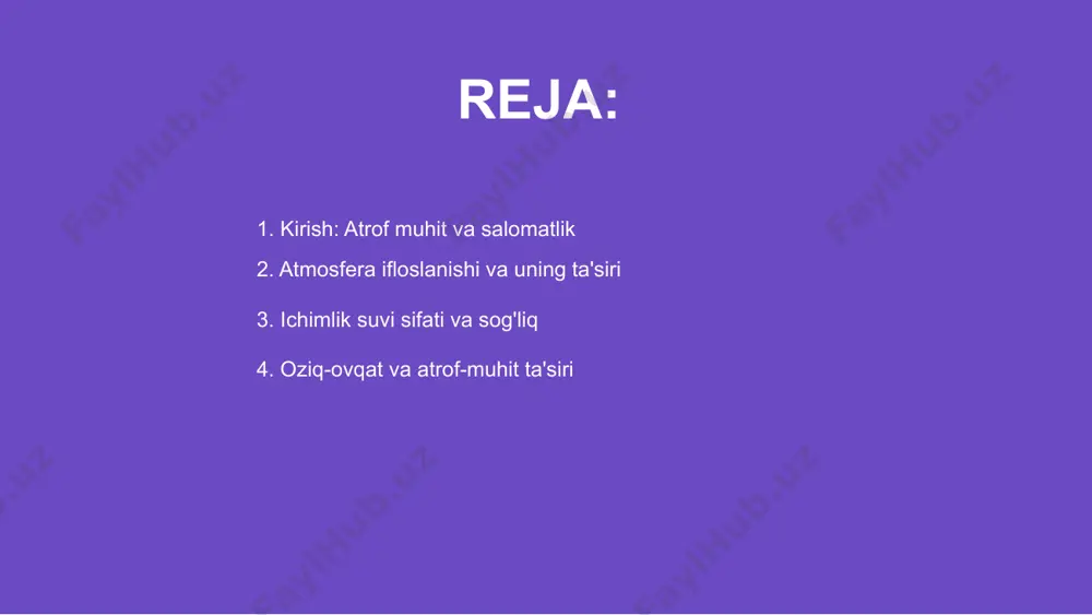 rol o'ynaydi. atrof-muhitni asrash zarurdir. ichimlik suvi sifati va sog'liq oziq-ovqat sifati inson salomatligiga ta'sir qiladi. toza va tabiiy mahsulotlar tanaga foydali bo'lsa, zararli kimyoviy moddalar sog'liq uchun xavf tug'diradi. atrof-muhitning ifloslanishi nafas olish tizimiga salbiy ta'sir ko'rsatadi. havo, suv va tuproqni himoya qilish sog'lom hayot tarzini ta'minlashga yordam beradi. ekologik toza muhit sog'liqni mustahkamlaydi. har bir inson yashil makonlarni ko'paytirish va chiqindilarni kamaytirish orqali atrof-muhitni asrab-avaylashi muhimdir. oziq-ovqat va atrof-muhit ta'siri 01 shovqin inson salomatligiga salbiy ta'sir ko'rsatib, asab tizimining zo'riqishiga sabab bo'ladi. u uzoq muddat davom etsa, eshitish qobiliyatiga putur yetkazishi mumkin. 02 radiatsiya organizmning hujayralariga zarar yetkazib, kasalliklarni keltirib chiqarishi mumkin. yadro nurlari insonga bevosita yoki bilvosita ta'sir qilib, genetik o'zgarishlarga sabab bo'ladi. 03 atrof-muhit omillaridan kelib chiqadigan xavflarni kamaytirish uchun himoya choralariga rioya qilish muhim. maxsus vositalar va profilaktik tadbirlar inson salomatligini saqlashga yordam beradi. shovqin va radiatsiya ta'siri atrof muhitdagi o'zgarishlar inson salomatligiga bevosita ta'sir …