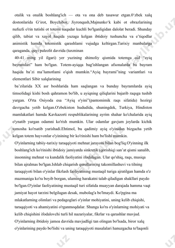 i uchun makon vazifasini o'tagan. viloyat hududidagi eng qadimgi makon — neandertal odamning manzilgohi — boysun tog‘idagi teshiktosh g'ori bo'lib, o‘rta tosh (muste) davriga oiddir.ibtidoiy odamlarning yowoyi hayvonlami xonakilashtirish jarayoni ham aynan ana shu davrda sodir bo‘lgan. machay g‘oridan topilgan toshdan yasalgan mehnat qurollari, tayyorlanishi va shakllari bilan 0 ‘rta osiyodagi boshqa mezolit davri manzilgohlarida topilgan qurollardan bir muncha farq qiladi.0‘rta tosh asr ibtidoiy odamlar tasawurlari va e’tiqdlarida keskin o'zgarish yuz bergan davr hisoblanadi. bu jarayonni 0 ‘rta osiyoning eng qadimgi rang-tasvirlaridan bo‘lmish ko‘hitangdagi zarautsoy suratlarida kuzatish mumkin. zarautsoyda tabiat hosil qilgan ayvonga o‘xshash joy qismida va g‘or ichida 200 taga yaqin qizil buyoqlarda bitilgan suratlar saqlanib qolgan. bu lavhalarda ov manzarasi, hayvonot olami va ibtidoiy davr odamlari tasviri o‘z ifodasini topgan.ba’zi bir olimlarning (a.a. formozov) ta’kidlashicha,bu lavhalarda sehrli ov marosimi aks ettirilgan. ibtidoiy odamlar ovga chiqish oldidan yoki ovdan qaytgan chog‘ida, zarautkamar g‘ori va uning atrofida ov bilan bog'liq …