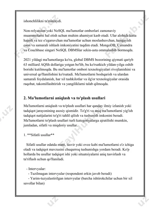 kerak. - **validlik**: yig'ilgan ma'lumotlar tadqiqotning maqsadlariga muvofiq bo'lishi kerak. - **maxfiylik**: respondentlar va ularning javoblari to'liq maxfiy saqlanishi zarur. 5. **ma'lumotlarni tahlil qilish usullari** - statistik tahlillar (spss, sas, r kabi dasturlar yordamida) - matn tahlili (nvivo, atlas.ti kabi dasturlar yordamida) - vizualizatsiya (tableau, power bi kabi vositalar yordamida) yuqoridagi usullar va yondashuvlar, ma'lumot yig'ishni aniqlash va to'plashda muhim ahamiyatga ega bo‘lgan usullardan eng keng qo‘llaniladiganlaridir. ma'lumotlarning aniq va ishonchli bo'lishi, tadqiqot natijalari muvaffaqiyatini ta'minlashda hal qiluvchi o‘rin tutadi. 3. ma'lumotlarni tozalash va ishlov berish ma'lumotlarni tozalash va ishlov berish jarayonlari birinchi navbatda murakkab va chuqur tushunchalarni talab qiladigan muhim masalalardan biri hisoblanadi. bu jarayonlar ma'lumot ilmida eng muhim bosqichlardan biri bo'lib, ular yakuniy tahlilning aniq va ishonchli bo'lishini ta'minlash uchun zarurdir. quyida ushbu jarayonlarga oid batafsil ma'lumotlar keltirilgan. ma'lumotlarni tozalash jarayoni kamida bir necha bosqichdan iborat bo'lib, bunda kiruvchi ma'lumotlardan noto'g'ri, noto'liq yoki redundant ma'lumotlar olib tashlanadi. statistika …
