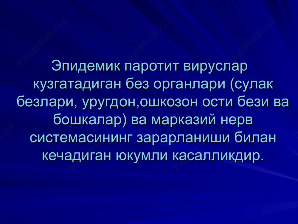 rofiyasi bepushtlik diabet karlik asoratlari angina faringit laringit otit gipertermiya sindromi asteniya epilepsiya tashxisoti epidemiologik anamnez. ob'ektiv kuruv. periferik konda limfotsitoz. kon va siydikda amilaza mikdorini aniklash. shirinlik berib kondagi kandni aniklash. tovuk embrioniga ekib virusologik tekshiruv utkazish. serologik tekshiruvlar- ra, kbr, rtga, … teri osti sinamasi. differentsial diagnostikasi uxshash kasalliklar: ikkilamchi yiringli parotit. toksik parotit. sulak tosh kasalligi. kulok oldi bezi usmasi. ikkilamchi limfadenitlar. sil meningiti. meningokokkli meningit. enterovirusli meningitlar. davosi simptomatik . t me'yoriga kelguncha (10 kun) yotok rejimi. suyuk ovkatlar berish. tuyib ovkatlanishni cheklash. shillik pardalar gigienasiga rioya kilish. ogrik koldiruvchi preparatlar. orxitlarda suspenzorium. xirurgik davoda urugdon ok pardasini kesib kuyish. gamma-globulin. gormonlar (ogir xollarda). degidratatsiya (siydik xaydovchi preparatlar). antibiotiklar (ogir xollarda). lyumbal punktsiya. profilaktikasi bemorni uy sharoiti yoki kasalxonada 9 kun izolyatsiya kilish, meningit belgilari kushilsa, butun utkir davrida. mulokotda bulganlar 21 kunga ajratiladi ( karantin). parotitli meningit yoki meningoentsefalit utkazganlar kasalxonadan chikgach 2 xaftagacha maktabga …