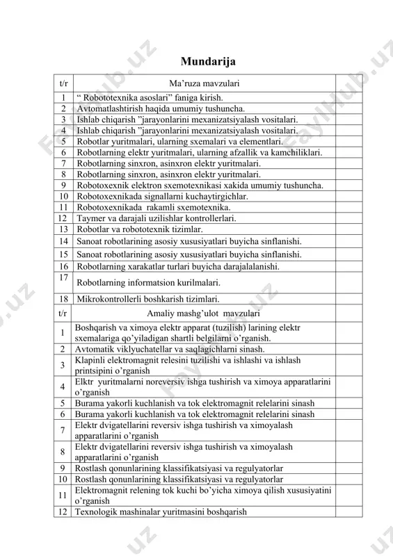 ng malakasini oshirishni zamon talablariga javob beradigan darajada tashkil etish, talabalar bilim saviyasi va salohiyatining sifatiga qo‘yiladigan zarur talablarni belgilab beruvchi davlat ta’lim standartlariga asoslangan darslik va o‘quvuslubiy qo‘llanmalarning yangi avlodlarini yaratish dolzarb vazifalardandir. robototexnik tizimlari va komplekslari hozirgi zamon ishlab chiqarishini rivojlantirishning texnik asoslari hisoblanadi. avtomobilsozlikdagi yangi texnologiyalarda, robotlar va roboto texnik tizimlarni qo‘llash yildan yilga oshib bormoqda. ular yordamida yangi texnologik jarayonlar o‘zlashtirilrnoqda, odamlarni toliqtiradigan, bir xil, og‘ir qo‘l mehnatidan, sog‘liklari uchun zararli va xavfli ishlardan ozod qilinmoqdalar. robototexnik tizimlar va komplekslar odam uchun qiziqarsiz bo‘lgan, ayrim intellekt talab qilinadigan ishlarni ham bajarishlari mumkin. robotlar va robototexnik tizimlar ishlab chiqarish texnikasining yangi turlari bo‘lib, turli sohalarda keng qo‘llanilmoqda. mazkur o‘quv qo‘llanmada robototexnik tizimlar va komplekslar asoslari yoritilgan. birinchi bobda robotlar va robot texnikasi to‘g‘risidagi asosiy ma’lumotlar, tushunchalar, ta’riflar hamda avtomobilsozlikda robototexnik tizimlar va komplekslarning qo‘llanilishi yoritilgan. ikkinchi bobda robot texnikasining asosiy elementlari, robotlarni boshqarish usullari, programmali, adaptiv va …