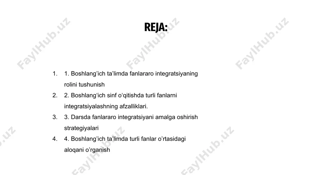 a fanlararo integratsiyani amalga oshirish strategiyalari boshlang‘ich sinfda fanlararo integratsiyani amalga oshirish o‘quvchilarning tushunchalarini chuqurlashtirish uchun fan sohalari o‘rtasida aloqalarni yaratishni nazarda tutadi. o'qituvchilar turli fanlarni birlashtirish va yaxlit ta'limni rivojlantirish uchun tematik birliklardan foydalanishlari mumkin. 01 strategiyalardan biri oʻquv dasturiga real muammolarni integratsiyalash, talabalarga murakkab muammolarni hal qilish uchun turli fanlardan bilimlarni qoʻllash imkonini beradi. ushbu yondashuv talabalarga o'z ta'limlarining o'zaro bog'liqligini ko'rishga yordam beradi va ularni kelajakdagi muvaffaqiyatga tayyorlaydi. 03 bundan tashqari, hamkorlikdagi loyihalar va guruh ishi talabalarni birgalikda ishlashga, fikr almashishga va bir-birining kuchli tomonlariga asoslanishga undash orqali fanlararo integratsiyani kuchaytirishi mumkin. ushbu hamkorlikdagi o'quv muhiti turli fanlar bo'yicha ijodkorlik, muloqot qobiliyatlari va tanqidiy fikrlashni rivojlantiradi. 02 4. boshlang’ich ta’limda turli fanlar o’rtasidagi aloqani o’rganish boshlang'ich ta'limda fanlararo integratsiya fanlar bo'yicha tushunchalarni yaxlit tushunishni rivojlantirish uchun zarurdir. turli fanlar o‘rtasidagi aloqalarni o‘rganish orqali o‘quvchilar o‘z bilimlarini chuqurlashtirishlari va tanqidiy fikrlash qobiliyatlarini rivojlantirishlari mumkin. ushbu yondashuv nafaqat akademik …
