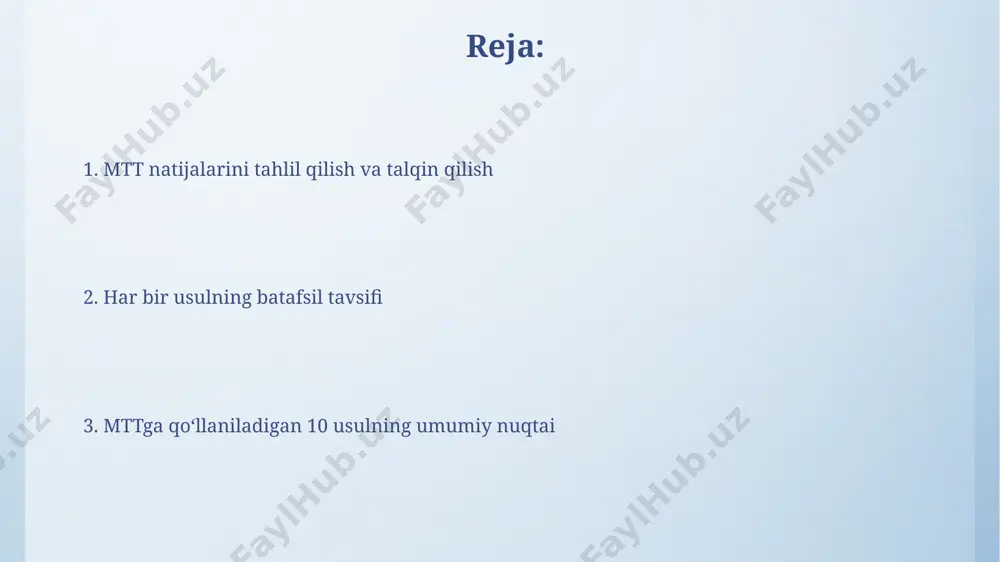 ta qo'lni simulyatsiya qilib, har xil o'yin sharoitlarida optimal raise hajmini aniqlashga erishildi va natijalar andijon shahrida o'tkazilgan konferentsiyada namoyish etildi. regressiya tahlili orqali 5 ta turli o'yinchi profilini aniqlab, ularning har biri uchun 3 ta noyob strategiya ishlab chiqildi va natijalarini samarqand universitetida taqdim etildi. tahlil usullari самарқанд вилоятидаги 15 та корхонанинг ишлаб чиқариш самарадорлигини баҳолашда, 2 та статистик ва 3 та динамик таҳлил усуллари бирлаштирилган, бунда 10% хато йўл қўйилган. таҳлил усуллари орасидаги 3-усул, яъни регрессия таҳлили, ўзбекистондаги 10 та вилоятдаги 2022 йилги маълумотлар асосида ишлатилган ва 0.8 коэффициентини кўрсатган. modellashtirish usullari agent-asoslangan modellashtirish orqali, 20 ta turli xil parametrlarni hisobga olgan holda, farg'ona vodiysidagi paxta yetishtirish jarayonining 7 yillik prognoz modelini yaratish mumkin. monte-karlo usuli yordamida, 5000 ta simulyatsiya o'tkazib, samarkanddagi tarixiy binolar modellashtirishining ishonchlilik darajasini 95% ga oshirish mumkin. mtt ga qo'llaniladigan usullar mtt ning samaradorligini oshirish uchun, 3 ta davolash bosqichini birlashtirgan kompleks yondashuv – …