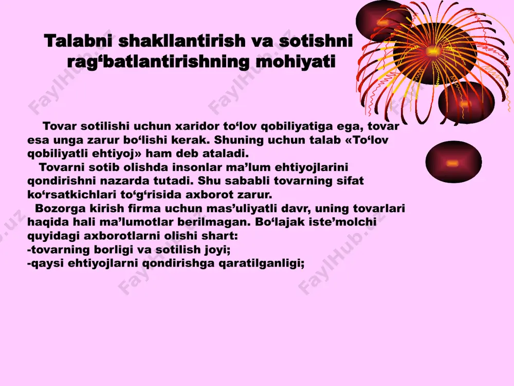adbirlari iste’molchilarga va sotuvchilarga qaratilgan bo‘ladi. iste’molchilarni rag‘batlantirish ularga sezilarli tijorat imtiyozlari berishni ko‘zda tutadi. kommunikatsiya siyosatining mohiyati, mazmuni va maqsadlari marketingda kommunikatsiya deb biz har xil auditoriyalar adresiga, shu jumladan, xaridorlar, sotuvchilar, ta’minotchilar, aksionerlar, boshqaruv organlariga firmadan yuboriladigan signallar majmuini tushunamiz. kommunikatsiya siyosati (promotion mix) – bu tovarni bozorga siljitish usullari yig‘indisidir. kommunikatsiyaning asosiy vositalari bo‘lib pablik rileyshnz – jamoat bilan aloqa; reklama; sotishni rag‘batlantirish; maxsus ko‘rgazmalar; shaxsiy sotuv hisoblanadi. reklama- bir tomonlama ommaviy kommunikatsiyaning to‘lovli turi bo‘lib, u aniq bir xomiydan chiqib, firma faoliyatini bevosita yoki bilvosita qo‘llab-quvvatlashga xizmat qiladi. shaxsiy sotuv- bu «ulchalik» kommunikatsiya yakka ikki tomonlama bo‘lib (dialog) maqsadi mizojni to‘xtovsiz tarzda harakatga keltirishga undash. bir vaqtning o‘zida firma uchun axborot manbai hamdir. savdoni avj oldirish-shaxsiy reklama va shaxsiy savdoni to‘ldiruvchi hamma tovarni sotishni tezlashtirish va ma’lum kengaytirishga qaratilgan vaqtincha choralarni o‘z ichiga oladi. jamoatchilik bilan aloqa-aniq maqsadga qaratilgan xarajatlar yaramida tashkilot va uning turli auditoriyalari …