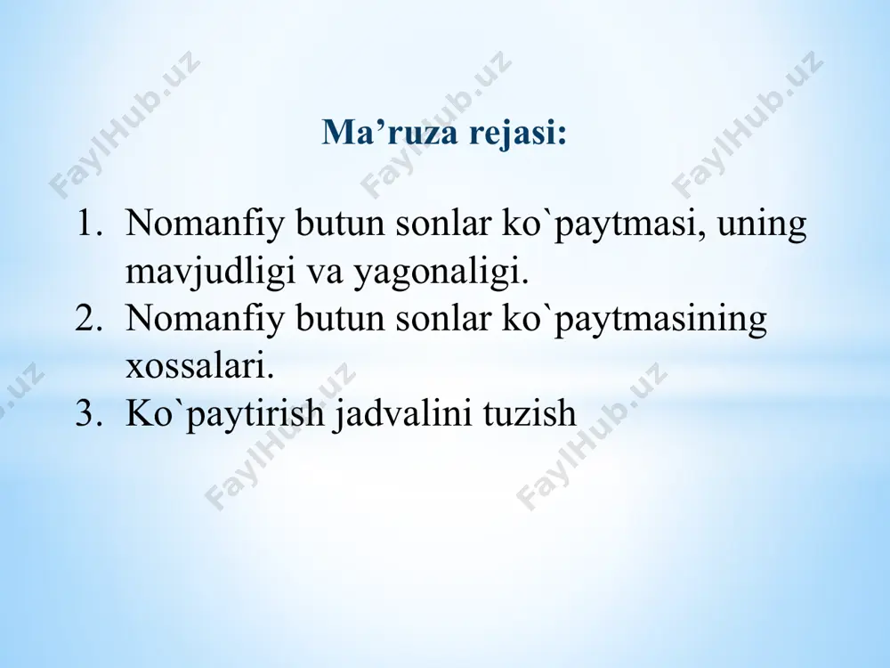 aytmaning mavjudligi va yagonaligi berilgan sondagi elementlardan tashkil topgan to’plamlarning dekart ko’paytmasini tuzish har doim mumkinligi va dekart ko’paytma elementlari soni to’plamlarning qanday elementlardan tashkil topganiga bog’liq emasligi bilan isbotlanadi. ko’paytirish amalining xossalari. 1°. ko’paytirish amali kommutativdir: (∀a, b∈n0) ab =ba. isbot. a = n(a)va b = n(b), a∩b =∅bo’lsin. a×b≠b×a, shunga qaramay, a×b~b×a(bunda istalgan(a, b)g a×bjuftlikka (b, a)∈b×ajuftlik mos keltiriladi): a×b~b×a⇒ n(a×b) = n(b×a) , ab = n(a×b) = n(b×a) = ba⇒ab =ba. 2°. ko’paytirish amali assotsiativdir: (∀a, b, c∈n0) (ab)c =a(bc). isboti. (ab)c = n(a),b = n(b),c = n(c)va a, b, clar juft- jufti bilan kesishmaydigan to’plamlar bo’lsin: (ab)c= n((a×b)×cva a(bc)= n(a×(b×c)). yuqoridagi dekart ko’paytmalar doirasida o’zaro bir qiymatli moslik o’rnatish yo’li bilan (a×b)×c~a×(b×c)ekanini ko’rsatish mumkin (kombinatorika bo’limidagi ko’paytma qoidasini eslang). demak: (ab)c = n((a×b)×c=n(a×(b×c) = a(bc). 3°. ko’paytirishning qo’shishga nisbatan distributivligi: (∀a, b, c ∈n0) (a + b)c = ac + bc. isbot.a = n(a),b = n(b), …