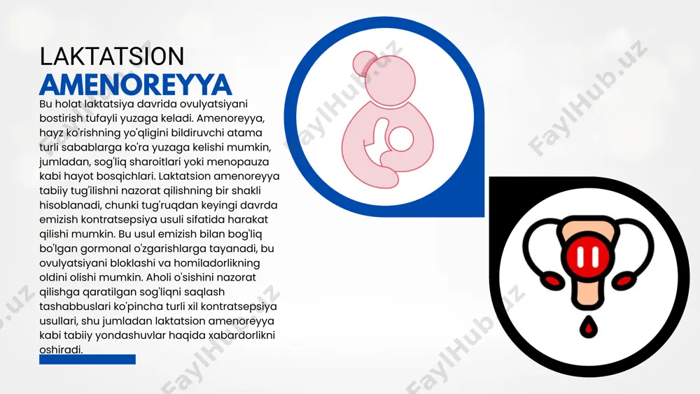 follikullarning pishishiga yordam beradi, lh esa ovulyatsiyani qo'zg'atadi. emizish tufayli gnrh sekretsiyasi kamayishi fsh va lh darajasining pasayishiga olib keladi, bu esa o'z navbatida ovulyatsiyani oldini oladi va hayz ko'rishni kechiktiradi. laktatsion amenoreya tug'ilishni nazorat qilishning to'liq ishonchli usuli emasligini tushunish muhimdir. uning samaradorligiga turli omillar ta'sir qilishi mumkin, jumladan: ko'krak suti bilan boqish chastotasi: ko'proq tez-tez va talab bo'yicha emizish ovulyatsiyani bostirish ehtimoli ko'proq. ko'krak suti bilan boqish seanslarining davomiyligi: uzoqroq emizish seanslari prolaktinning ko'payishiga olib keladi. qattiq moddalar va formulalar kiritilishi: qattiq oziq-ovqat va formulani kiritish emizish chastotasini kamaytirishi va emizish seanslarini qisqartirishi mumkin, bu esa ovulyatsiyaning erta qaytishiga olib kelishi mumkin. onaning yoshi: yosh onalar va ilgari tug'maganlar ovulyatsiyani ertaroq qaytarishi mumkin. agar siz laktatsion amenoreyani tug'ilishni nazorat qilish shakli sifatida qo'llashni o'ylayotgan bo'lsangiz, sizning shaxsiy holatlaringiz va ushbu usulning siz uchun mosligini muhokama qilish uchun shifokoringiz bilan maslahatlashing laktatsion amenoreya kontratseptsiyasi laktatsion amenoreya usuli (lam) homiladorlikning …