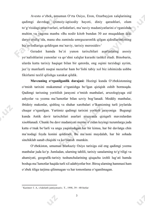 azifalari: ishning asosiy maqsadi o‘rta osiyoning antik davr tarixi yozma manbalarini o‘rganish. maqsadga muvofiq quyidagi vazifalar qo‘yildi: -eng qadimgi manbalarni qiyosiy taxlil qilish orqali urganish -manbalar arxeologiyaga oid yangi ma’lumotlar bilan solishtirish; -o‘zbekistonning qadimgi tarixiga oid materiallarni tahlil qilish; -qadimgi fors, yunon-rim tarixchilarining ma’lumotlarini ilmiy tahlil qilish; bmining davriy chegarasi: ishimiz xronologik jixatdan miloddan avvalgi ix-vii va vii-iv asrlarga to‘g‘ri keladi. bmining nazariy-uslubiy asosi: bitiruv malakaviy ishiga o‘zbekiston respublikasi prezidenti i.a.karimovning o‘zbekiston tarixini rivojlantirishga doir bildirgan ko‘rsatmalari asosiy nazariy-uslubiy asos bo‘lib xizmat qildi. shuningdek, ishni bayon qilishda tarix fanining ketma-ketlilik, xolislik, haqqoniylik, uzviylik kabi tamoyillari muhim nazariy-metodologik asos bo‘lib hisoblanadi. bundan tashqari ishni yozishda, tarixiy voqea va hodisalarga baho berishda milliy istiqlol g‘oyasiga tayangan holda yondashildi. ishning ilmiy yangiligi va amaliy ahamiyati: bitiruv malakaviy ishida antik davr tarixchilarining o‘rta osiyo haqidagi ma’lumotlarning miloddan avvalgi ix-vii va vii-iv asrlardagi tarixi o‘rta osiyoga oid yozma manbalar, tarixiy adabiyotlar asosida taxlil qilishga harakat …