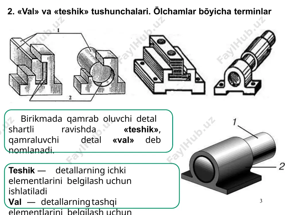 ytiladi va u birikmada hosil bōlgan tirqish va tarangliklar qiymati bilan belgilanadi. ōtqazish ikkita detalning bir biriga nisbatan silg’ish erkinligini yoki silg’ishga qarshilik darajasini tavsiflaydi. ōtqazishlar uch xil bōladi: tirqishli, tarangli va oraliq ōtqazishlar. taranglik n – val va teshikning yig’ishdan oldingi ōlchamlarining musbat ayirmasi. taranglik detallar yig’ilganidan keyin ularning qōzg’almasligini ta’minlaydi. tarangli ōtqazishlar birikmada taranglikni ta’minlaydi (teshikning joizlik maydoni val joizlik maydonidan pastroq joylashadi). ōralik ōtqazishda ham tirqish, ham taranlik hosil bōlishi mumkin (teshik va val joizlik maydonlari qisman yoki tōliq kesishadi) ōralik ōtqazishlar tez-tez yig’ish-sochish jarayonlar bōlib turadigan birikmalar uchun va detallar ōqdoshligiga yuqori talablar qōyilganda qōllaniladi. bu ōtqazishlarda detallarni bir biriga qōshimcha maxkamlash lozim. 0 es smin smax es dmin dmax dmax dmin ei dn (dn) td td 0 ei =0 tirqishli ōtqazishning joizlik maydoni s max = dmax - dmin yoki smax = es – ei maksimal tirqish s min = dmin - dmax yoki smin …
