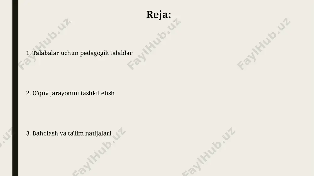 erishishlarini ta'minlash mumkin. o'quv jarayonining monitoringi va baholash o'quvchilarning rivojlanishini kuzatish uchun har 4 hafta davomida monitoring o'tkazish va individual yutuqlarni kuzatish jurnali yuritilishi, shuningdek, kamida 2 marta ota-onalar bilan suhbat o'tkazish tavsiya etiladi. o'quv jarayonini baholashda nafaqat bilim darajasi, balki o'quvchining faolligi, mustaqilligi, hamkorlik qilish qobiliyati kabi 5 ta kompetensiya ko'rsatkichlarini ham hisobga olish zarur. oʻquv materiallari va resurslari har bir oʻquv materiali va resursining oʻquv maqsadlariga mosligi va oʻquv dasturiga integratsiyasi 100% ga yaqin boʻlishi kerak. resurslar, jumladan, kutubxona, internetga kirish va texnologiya, oʻquvchilarning 70% ga kamida 1 soat mustaqil oʻrganish imkoniyatini ta'minlashi zarur. oʻqituvchining pedagogik mahorati samarali pedagogik mahoratga ega oʻqituvchi, oʻquvchilarning 75% dan ortigʻi mavzuni tushunishini taʼminlaydi va ularning oʻzlashtirish darajasini doimiy monitoring qiladi, kerak boʻlganda oʻqitish uslubini moslashtiradi. oʻqituvchining pedagogik mahorati 5 ta asosiy komponentni oʻz ichiga oladi: rejalashtirish, dars berish, baholash, muloqot va oʻquvchilar bilan individual ishlash. ushbu komponentlarning har biri muvaffaqiyatli taʼlim jarayoni …