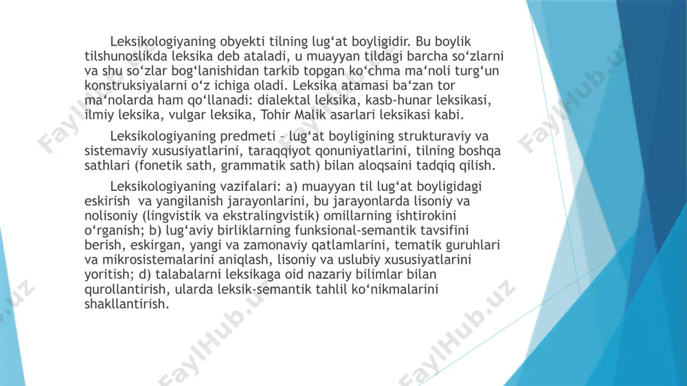 va makroqurilma atamalari bilan nomlanadi. mikroqurilma – bu ayrim so‘zlar anglatgan har xil ma‘nolarning o‘zaro munosabatlaridir. tildagi polisemantik so‘zlar va ular anglatgan ma‘nolar bir butunlikda lug‘at tarkibining mikroqurilmalari hisoblanadi. medioqurilma tilning shakl va mazmun nomutanosibligini ro‘yobga chiqaruvchi omonimiya, paronimiya, omografiya, omofoniya, sinonimiya va antonimiya singari hodisalar munosabataini o‘z ichiga oladi. makroqurilma – bu lug‘at tarkibidagi mazmuniy (sinonimiya) va mavzuiy guruhlardan tarkib topadi. so‘zlarning muayyan bir ma‘no atrofida guruhlanishi, masalan, sekund, minut, soat, ertalab, tush payti va b. lar vaqt ma‘nosi doirasida tutashuvchi mikroguruhdir. bunday mikroguruhlar mazmuniy maydon deb ham ataladi. so‘zlarning muayyan mavzu doirasida birlashuvi, tutashuvi ham qurilmaning makroqurilmaning alohida ko‘rinish sanaladi. masalan, ot, ho‘kiz, echki, qo‘y va shu kabilar uy hayvonlari mavzuiy (tematik) guruhiga mansub so‘zlardir. leksikologiyada lug‘at boyligining sistema sifatida o‘rganilishi leksikologiyada tilning lug‘at boyligi sistemna sifatida tadqiq qilinadi, chunki bu boylik so‘zlar va iboralarning oddiy, mexanik yig‘indisi emas, balki o‘zaro aloqada bo‘lgan, birining bo‘lishi ikkinchisining bo‘lishini taqozo …