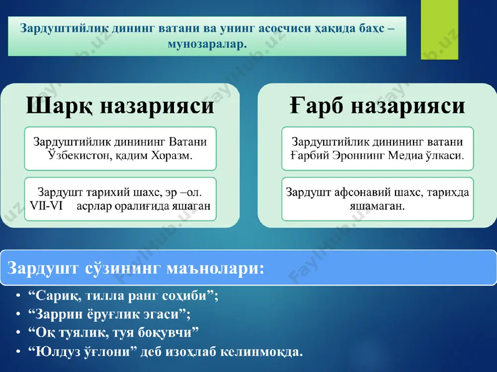 ), будда танаси жонзотларни азобдан қутқариш учун турли жонзот формасига кириши мумкин ва ҳаёт занжиридаги барча уни ўрганиши, англаши мумкин дейди. хинаяна (кичик ғилдирак) дхармалар табиатини ўрганиш ва нирванага эришиш маънавий йўл билан бўлади ламаизм two tibetan buddhist monks in traditional clothing эрамизнинг i асрида хитой (чань - буддизм) буддавийликнинг ёйилиши vi асрда япония (дзень-буддизм) vii асрда тибет (ламаизм) iv асрда корея xiii асрдан xvi асргача мўғулистон xvi асрдан xvii асрларда бурятия ва тува xix-xx асрларда америка ва европа қитъалари * буддавийликнинг ёйилишида сангха - буддавийлик жамоаларининг роли катта бўлган. улар йилнинг об-ҳавоси яхши бўлган 9 ойида шаҳарма-шаҳар, қишлоқма-қишлоқ юриб, улар аҳолисини буддавийликга даъват қилиб уларга будда таълимотини ўргатиб юришган. фақатгина муссон ёмғирлари тинмай қуйган 3 ойдагина ўз ибодатхоналарида муқим бўлиб ибодат билан шуғулланганлар. бизнинг диёримизда олиб борилган археология қазиш ишлари асносида ўратепа, далварзинтепа, қува, зартепа, қоровултепа, айритом мавзеларидан топилган. christianity христианлик дини эътиқод қилувчиларнинг сони жиҳатидан жаҳон динлари орасида …