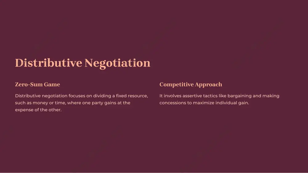 uage in any written agreements to avoid future misunderstandings. follow-up and implementation follow up on the agreement to ensure that it is implemented effectively and that both parties are satisfied. practicing negotiation skills 1 role-playing practice negotiation skills in realistic scenarios through role- playing exercises. 2 case studies analyze real-world negotiation situations to identify key principles and strategies. 3 feedback and reflection seek feedback from others and reflect on your negotiation performance. conclusion and key takeaways negotiation is an essential skill in various aspects of life. understanding different negotiation types and effective strategies can significantly improve your ability to achieve desired outcomes.