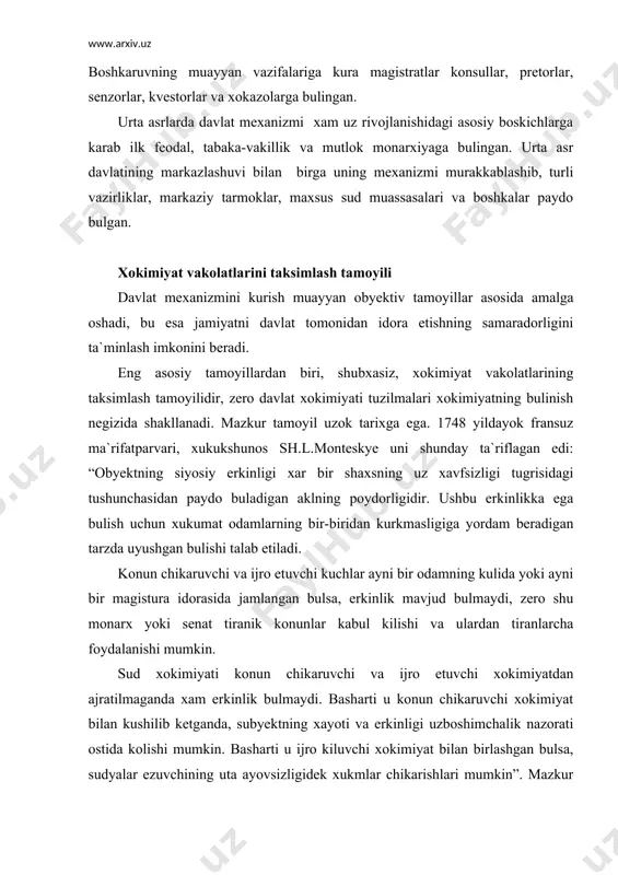 davlat idoralarini bulishdan kura kuprok axamiyat kasb etadi. xokimiyat vakolatlarini bulinishining bosh ma`nosi - ijtimoiy-siyosiy kuchlar orasidagi xokimiyat vakolatlarini bulishidir. bundan maksad - xokimiyatni suiiste`mol kilishning imkoniyati bulmasligi, xokimiyatlar bir-birlarini muayyan muvozanatda ushlab va cheklab turishidir. aksh konstitusiyasining “otalaridan“, asosiy ijodkorlaridan biri djeyms medison shunday degan edi: “davlat xokimiyati idoralari bir -biri ustidan konstitusiyaviy nazorat kilish darajasigacha boglanmasa va uygunlashmasa, erkin xukumatning moxiyati bulgan eng kup talab kilinadigan bulinishning darajasi amalda xech kachon tegishlicha tashkil etilmaydi. shunday kilib, xokimiyatlarni bulish vakolatlarini cheklab kuyish, uzaro nazorat, muvozanatda saklab turishlikda ifodalanib, kelib chikishi mumkin bulgan suistemolchiliklarga tuskinlik kiladi. xokimiyat vakolatlarini taksimlash tamoyili dunyodagi aksariyat davlatlarning konstitusiyalarida mustaxkamlangan. davlat apparati va davlat idorasi tushunchasi va xususiyatlari davlat apparati - davlat mexanizmining bir kismi bulib, davlat xokimiyatini amalga oshirish uchun muayyan vakolatlariga ega davlat idoralarining majmuasidir. davlat mexanizmi davlat apparatidan tashkari davlat muassasalari va davlat korxonalarini xam uz ichiga oladi. davlat apparati tarkibi kuyidagi …