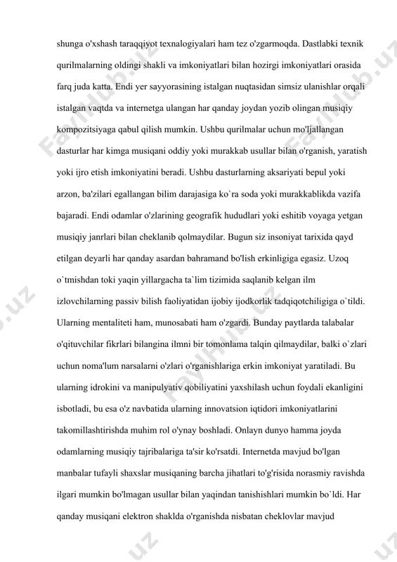 sh va amaliyot bo'yicha ba'zi ko'rsatmalarni tavsiya qilishadi. internet undan foydalana oladigan musiqa o'rganuvchilar uchun yangi o'quv muhitini taqdim etdi. bu esa internet orqali musiqiy ta'limi norasmiy ta'lim sohasida yanada kengayadi. shu bilan bir qatorda, musiqani o'qitish va o'rganish uchun pedagogik jihatdan foydali, amaliy va samarali echimlarni ishlab chiqiladi. musiqa ta`limini samarali tashkil etishda o'qituvchilar uchun turli texnologik vositalar tushunchasi o'qitish va o'rganishning ko'plab omillarini o'z ichiga oluvchi dasturiy ta`minotlar bazasini yaratish ijobiy muvaffaqqiyatlar taqdim etadi. bu o‘rinda davlatimiz tomonidan o‘tgan qisqa vaqtlar davomida 2017-2021 yillarda o‘zbekiston respublikasini rivojlantirishning beshta ustuvor yo‘nalishi bo‘yicha “harakatlar strategiyasi” da “oliy ta’lim muassasasalari faoliyatining sifati hamda samaradorligini oshirish, ilmiy tadqiqot va innovatsion faoliyatni rag‘batlantirish, ilmiy va innovatsiya yutuqlarni amaliyotga joriy etishning samarali mexanizmlarini yaratish” [1] to‘liq kafolatlantirilganligi bu o‘z navbatida ta’lim sohasidagi eksperimental va innovatsion faoliyat ta’limni modernizatsiya qilish hamda yangi ta’lim texnologiyalari va resurslarini ishlab chiqishga, ularni sinovdan o‘tkazishga, ta’lim jarayoniga joriy etishga …