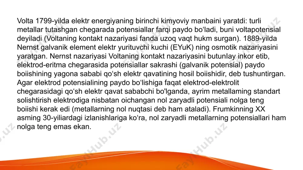 kimyoviy zanjirga mis va rux qaytar elektrodlardan iborat yakobi-daniel elementini misol qilib keltirish mumkin. mis elektrodi mis tuzining eritmasiga, rux elektrodi rux tuzining eritmasiga tushiriladi. bu eritmalar g‘ovak to‘siq (membrana) yordamida yoki elektrolitik ko‘prik yordamida ulanadi. elektrolitik ko‘prik sifatida ionlarning harakatchanligi yaqin boigan kc1, kno,, nh4n 0 3 ning to‘yingan eritmalari ishlatiladi. bunday zanjir elektrkimyoda quyidagicha ifodalanadi: elektr yurituvchi kuch (eyuk) eyuk ta'rifi galvanik element yaratayotgan minimal elektr kuchlanish, voltlarda ifodalanadi. potensiallar farqi eyuk anod va katod elektrodlarining potentsiallari orasidagi farqbo‘ladi. ta'sir omillari konsentratsiya, harorat, bosim dəyişikliklari eyukni sezilarli ravishda o‘zgarishiga olib keladi. 8 eyukni aniqlash usullari kompensatsion usul poggendorf usuli yordamida galvanik elementning eyukini aniq o‘lchash amalga oshiriladi. potensiometr potensiometr orqali elementning kuchlanishi aniqlanib, xatoliklarni kamaytirish mumkin. voltmetr voltmetr yordamida eyukni o‘lchash oddiy usul, lekin o‘lchovda xatoliklar yuzaga kelishi mumkin. 9 amaliy qo'llanilishi batareyalar va akkumulyatorlar turli turlari mavjud: qurumoqchi, qayta zaryadlanadigan, silindr shaklidagi va boshqalar. ular mobil qurilmalar …