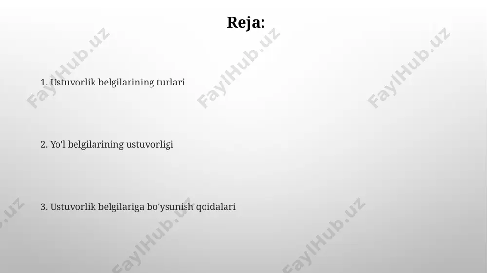 этмаслик, 40-моддага биноан, қонунчиликка кўра 3 баравардан 10 бараваргача базавий ҳисоблаш миқдори миқдорида жаримага тортилиши мумкин. йўл ҳаракати қоидабузарлиги натижасида содир бўлган йўл-транспорт ҳодисасида айбдор шахс жавобгарлик чораларига тортилади, бунга жарима, ҳайдовчилик гувоҳномасидан маҳрум этиш ва ҳатто жиноий жавобгарлик кириши мумкин. xavfsizlik choralari ўтиш жойларида пиёдалар учун йўл белгиларига эътибор бериш, яъни 100 м. масофадан бошлаб, тезликни камайтириш ва пиёдаларнинг хавфсизлигини таъминлаш мажбурийдир. йўлнинг кўринувчанлиги пасайганда, масалан, туман ёки ёмғирда, транспорт воситаларининг тезлигини камида 30% га пасайтириш тавсия этилади, бу йўл-транспорт ҳодисаларининг олдини олишга ёрдам беради. yo'l belgilarining ahamiyati prioritet belgilarining noto'g'ri talqini 1-toifadagi yo'l-transport hodisalari sonining ortishiga, jiddiy jarohatlar va o'lim holatlarining ko'payishiga olib kelishi mumkin. yo'l belgilarining aniq bajarilishi yo'l-transport hodisalarining 30% gacha kamayishiga olib kelishi mumkin, bu esa inson hayotiga va iqtisodiyotga sezilarli ta'sir ko'rsatadi. e'tiboringiz uchun rahmat @taqdimot_robot image3.png image4.jpg image5.jpg image6.jpg image7.jpg image8.jpg image9.jpg image10.jpg image1.png