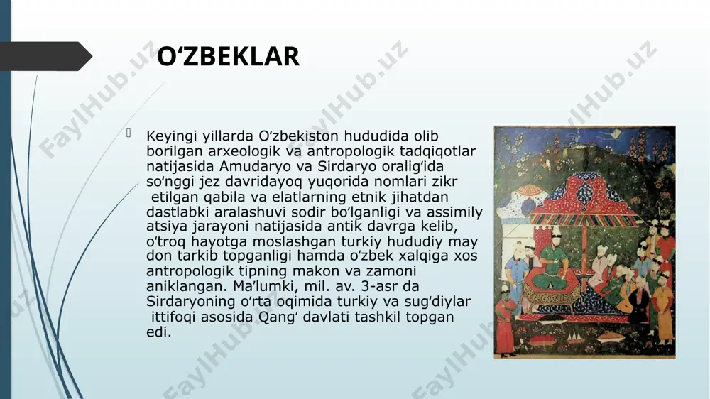 b, adabiy til shakllanishida uchta asosiy sheva — qarluq, qipchoq va oʻgʻuz dialektlari asos boʻlgan. maʼlumki, shakllangan oʻzbek elatining amir temur va temuriylar davridagi etnik tarixi va etnomadaniy taraqqiyotiga barlos, jaloyir, qavchin, arlot, qipchoq kabi etnik guruhlar ham faol taʼsir qilgan. temuriylar saltanati temuriylar saltanati oʻrnida dastlab 16-asr boshlarida vujudga kelgan buxoro va xiva xonliklari (q. buxoro xonligi va xiva xonligi), 18-asr boshlaridan qoʻqon xonligiinng vujudga kelishi natijasida yagona tarixiy makonda yashagan xalklar siyosiy jihatdan turli davlatlar tasarrufiga tushib qolgan boʻlsada, bu holat oʻzbek elati birligiga jiddiy putur yetkaza olmagan. siyosiy chegaralar boʻlishiga qaramasdan 3 davlat tarkibidagi aholi oʻzaro doimiy etnik, iqtisodiy va madaniy aloqada boʻlib kelganlar. oʻrta osiyo xalqlarining 19-asr 2-yarmi — 20-asr boshlaridagi tarixiy taqdiri va taraqqiyot bosqichlari chor rossiyasining mustamlakachiligi davri bilan bogʻliq. keyinchalik mintaqada sovet hokimiyatining oʻrnatilishi bilan oʻrta osiyoda milliyhududiy chegaralanish oʻtkazilib, 5 ta milliy respublikalar tashkil etildi. shu bilan shakllangan elatlar taraqqiy etayotgan tarixiy …