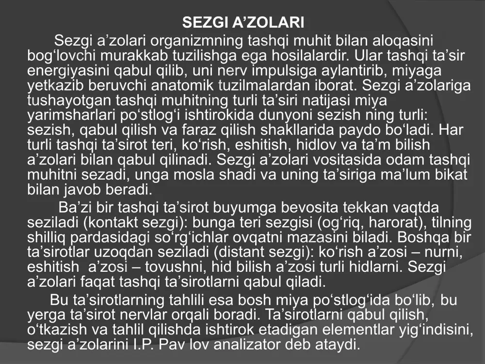 sti markazlari, keyin esa yarimsharlar po‘stlog‘iga o‘tkazadi. 3. analizatorning po‘stloq markazida kelayotgan qo‘zg‘alishlar tahlil qilinadi va boshqa markazlar bilan aloqalar paydo bo‘ladi. markaz qancha yuqori joylashsa, qo‘zg‘alishlar shuncha nozik tahlil qilinib ma’lum bir sezgi paydo bo‘ladi. sezgilar ikki guruhga bo‘linadi: 1. atrof-muhitdagi hodisalar va pred metlarning xususiyatlarini sezish (og‘riq, bosim va harorat sezgisi, eshi tish, ko‘rish, ta’m bilish, hid bilish sezgisi). 2. tananing ayrim qismlari harakati va ichki a’zolar holatini sezish (harakat sezgisi, tana muvozanati sezgisi, a’zolar va to‘qimalar sezgisi). shularga asosan sezgi a’zolari ikki guruhga bo‘linadi. 1. tashqi sezgi a’zolari impulsni ekstraretseptorlardan qabul qila di. ular beshta: teri sezgisi, eshitish, ko‘rish, ta’m bilish va hid bilish a’zolari. 2. ichki sezgi a’zolari: a) impulslarni propriotseptiv sohadan: mushaklar, bo‘g‘imlar va muvozanat a’zosi (ichki quloq) propriotseptorlaridan qabul qiluvchi; b) intratseptiv sohadan ichki a’zolar va qon tomirlardagi interoretseptorlardan qabul qiladi. ichki a’zolardan keluvchi impulslar mo‘tadil holatda sezilmaydi. ular ma’lum bir kasalliklarda og‘riq shaklida …
