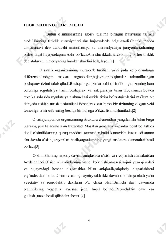 va h2o hosil bo`libgina qolmasdan balki ma`lum miqdorda energiya ham ajralib chiqadi.nafas olish jarayonida to`qima og`irligi kamayadi.[6] barcha yashil o`simliklar yorug`lik sharoitida o`sib,rivojlanadi.yorug`lik avval fotosintez jarayoni uchun zarurdir.bu jarayonning jadalligi suv bug`latish,oziqlanish,nafas olishj jarayonlarini muntazam amalga oshishini ta`minlaydi.[7] tabiatdagi o`simliklar tarkibidagi biologik faol moddalar har xil bo`lganligidan,bu o`simliklarga moslashgan mikroorganizmlargina ma`lum turdagi o`simlik tanasida tarqalishi yoki kasallantirishi mumkin.patogenning ma`lum turga mansub o`simlikda parazitlik qilish xususiyatlari evolutsion taraqqiyot jarayonida uzoq muddatlarda vujudga kelganligidan ularga filogenetik ixtisoslashuv deyiladi[8] har bir o`simlik hujayrasi tashqi tomondan qobig`i bilan o`ralgan.lekin qobiqsiz hujayralar ham kam bo`lsada uchraydi.bunday hujayralrni yuqori o`simliklarning jinsiy hujayralarida,rivojlanayotgan murtakning dastlabki davrida uchratish mumkin.bunday hujayralarni plazmalemma o`rab turadi.o`simlik hujayrasi ham o`sib rivojlanish jarayonida yangi qobiq hosil qiladi.bu qobiq protoplastning mahsuli bo`lib hisoblanadi.u har xil polisaxaridlardan tashkil topgan va mustahkam tuzilgan bo`lib,hujayra protoplastini o`rab himoya qilib turadi.hujayraning shakli shu hujayra qobig`iga bog`liq.[9] o`simlik hujayrasi nihoyat pishiq tuzilishga ega bo`lgan postga ega.shuning uchun ham o`simlik …