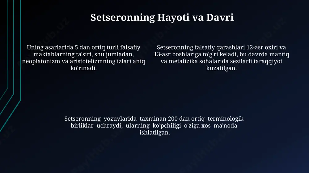 el va platon falsafasiga tayanib, taxminan 30 ta dalil keltirib ko'rsatadi. epikur ta'siri epikur falsafasi setseronning ong va ongsiz jarayonlarni o'rganishda, xususan, 5 ta his tuyg'usining insonning axloqiy qarorlariga ta'sirini tushunishda muhim rol o'ynagan. epikur ta'siri setseronning axloqiy falsafasiga kuchli ta'sir ko'rsatdi, ayniqsa, 3 asosiy tamoyil: xudosizlik, hedonizm va atomizm g'oyalarini o'z ichiga olgan holda. setseron epikurga ko'ra, shaxsiy baxtga erishish yo'li hissiy zavqlarni o'lchovli ravishda qidirish va 2 asosiy narsadan – og'riq va qo'rquvdan saqlanish orqali amalga oshirilishini ta'kidlagan. stoitsizmga munosabati setseronning stoitsizmga nisbatan tanqidiy yondashuvi, 10 ga yaqin falsafiy traktatlarida klassik stoitsizmning ba'zi qoidalariga shubha bildirish orqali namoyon bo'lgan. setseronning stoitsizmga munosabatida 3 ta asosiy tamoyil – o'z-o'zini boshqarish, axloqiy burch va tabiatga moslashish – muhim rol o'ynaganini ko'rsatadigan 5 dan ortiq yozma manbalar mavjud. uning stoitsizm falsafasiga bo'lgan munosabati, shaxsiy baxtning tashqi omillarga emas, balki ichki tinchlikka bog'liqligini ta'kidlash orqali 20 dan ortiq maqolada aks etgan. e'tiboringiz …