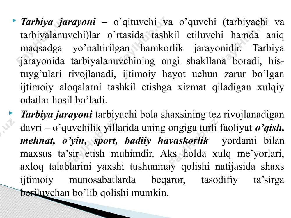 ‘lgan komil inson va malakali mutaxassisni tarbiyalab voyaga yetkazishdan iborat. ushbu maqsadga erishish yo‘lidagi asosiy vazifa - bu shaxsda umumiy madaniyat unsurlari, ya'ni, shaxsning aqliy, axloqiy, jismoniy, estetik, iqtisodiy, ekologik, huquqiy, siyosiy hamda mehnat madaniyatini tarbiyalashdan iborat. tarbiya maqsadining aniqligi. tarbiyachilarning bolalar bilan ma'naviy madaniyatini shakllantirishning eng yaxshi namunasini izlash, shu asosida tarbiyachi ishining hayotiy me'yor va qadriyatlarini aniqlash o‘quvchining tarbiya jarayonidagi faolligini ta'minlashga olib keladi. dunyoqarashi hali to‘la-to‘kis shakllanmagan bolalar uchun kattalarning hayotiy tajribalari, ularning shaxsiy namunalari tarbiyaviy ta'sir kuchiga ega. tarbiya yo’nalishlari bolalar va kattalarning birgalikdagi faoliyati. tarbiyaviy ishlar mazmunida jamoaga nisbatan ijobiy munosabatni qaror toptirish yotadi. jamoa yordamida shaxsni har tomonlama kamoloti, uning dunyoni anglash, uni to‘laqonli talqin etish, insonparvarlik va o‘zaro hamkorlik tuyg‘ularini yuzaga kelishi va rivojlanib borishi kabi holat amalga oshiriladi. jamoa yo‘nalishi. tarbiyalanuvchilarning iroda erkinligisiz tarbiya g‘oyalari mohiyatini qaror toptirish mumkin emas. tarbiya jarayoni, agar u oqilona tashkil etilsa, bir vaqtning o‘zida ham o‘quvchi, …