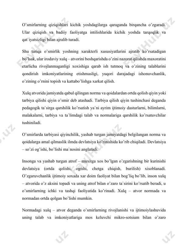 tarbiyasi orir ismirlarni ilmda deviatsiya deb atashadi. aeviant xatgi — sharakat — bu psixik soglom shaxslar tomonidan me`yoriy qoidalarni buzish xollaridir. deviatsiya — bu ijtimoiy pedagogik muammo bilib, inson ruxiy olamidagi, uning atrofidagi mushitning izgarish xollari bilan borlik. bu xol, ayniksa, ismir yoshdagi bolalarga xosdir. chunki bu yosh eng kiyin va murakkab davr bilib, bu yoshdagi bolalarning anatomo — fiziologik, intellektual, axloqiy va boshqada jix.atlarida izgarishlar ruy beradi. bu izgarishlar uz navbatida ularning psixikasida izgarishlar ruy berishiga zamin yaratadi. ularning ijtimoiy statusida, jamoada uzini titishida izgarishlar ruy berib, ularni kiprok; «men kimman?» - degan savol kiynaydi. deviatsiya uz ichiga deviant, delinkvent va kriminal xatgi — sharakatlarni birlashtiradi. (deviant xatgi — sharakat — bu kichik ijtimoiy munosabatlar (sila, maktab) zshamda sharakter, jinsiy va yosh xususiyatlari jishatidan yaxin kichik ijtimoiy gurushlarga xos ijtimoiy me`yorlardan, xatgi — xdrakatlar va xoidalardan orish, chekinishning bir turidir.! ya`ni bu turdagi zsharakatni intizomsizlik deb sham atash mumkin. …