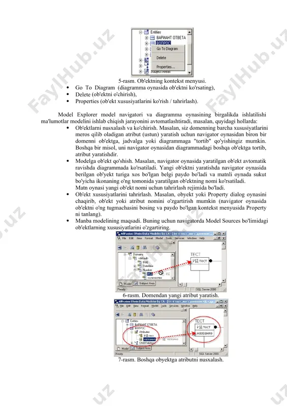 ruvchining firma nomi, yetkazib berish muddati, manzili ). firma jadvali- distribyutor (atributlar - kompyuter markasi, ishlab chiqaruvchining firma nomi, manzili, distribyutorning identifikatori, jo'natilgan sana ). kompyuterning jadvali (atributlar - distribyutor, protsessor, tashqi xotira miqdori, operativ xotira miqdori, tezlik, sichqonchaning mavjudligi, monitor markasi, narx ). 4. avtoservis: transportning jadvali (atributlar - davlat raqami, turi, markasi, ishlab chiqarilgan yili, yuk hajmi ). xodimlarning jadvali (atributlar - davlat raqami, lavozimi, familiyasi, ish haqi ). texnik tavsiflarning jadvali (atributlar - davlat raqami, dvigatel kuchi, 100 km uchun yoqilg'i sarfi, joriy tekshiruvgacha bo'lgan masofa, oxirgi tekshirish sanasi ). 5. hayvonot bog'i: hayvonning jadvali (atributlar - hayvonning identifikatori, uning nomi, hayvonning klassi, hayvonning maksimal og'irligi, rangi ). xodimlarning jadvali (atributlar - xodimning identifikatori, hayvonlarning identifikatori, lavozimi, ish haqi , ). atrof-muhitning jadvali (atributlar - hayvonning identifikatori, yashash joyi, qizil kitobga kiritilgan sana, o'rtacha umr ko'rish, uchish qobiliyati ). 6. televizor: firmaning jadvali -ishlab chiqaruvchi (atributlar - …