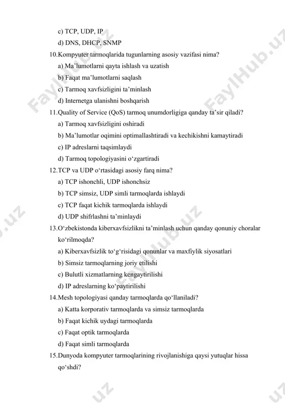 iyati nima? a) tarmoq muammolarini aniqlash va samaradorlikni oshirish b) ma’lumotlarni shifrlash c) ip adreslarni taqsimlash d) tarmoq topologiyasini loyihalash 22. tarmoq liniyalarining asosiy turlari qaysilar? a) optik, simli, simsiz b) faqat simsiz liniyalar c) faqat shifrlangan liniyalar d) faqat dns liniyalari 23. traffic engineering tarmoq samaradorligiga qanday ta’sir qiladi? a) tarmoq resurslarini optimallashtiradi b) ma’lumotlarni shifrlaydi c) ip adreslarni taqsimlaydi d) tarmoq topologiyasini o‘zgartiradi 24. statik va dinamik marshrutlash o‘rtasidagi asosiy farq nima? a) statik qo‘lda sozlanadi, dinamik avtomatik yangilanadi b) statik simsiz, dinamik simli tarmoqlarda ishlaydi c) statik faqat kichik tarmoqlarda ishlaydi d) dinamik shifrlashni ta’minlaydi 25. peer-to-peer modelining klient-server modelidan afzalligi nima? a) resurslarni markazlashtirilmagan holda taqsimlash b) faqat xavfsizlikni ta’minlash c) faqat kichik tarmoqlarda ishlash d) faqat simsiz tarmoqlarda ishlash 26. ieee 802.11 standartlari qanday tarmoqlarda qo‘llaniladi? a) simsiz lan tarmoqlari b) faqat simli tarmoqlarda c) faqat optik tarmoqlarda d) faqat shifrlangan tarmoqlarda 27. firewall’lar tarmoqlarda …