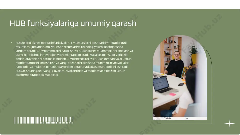 hamkorlikni kengaytirish va ta'lim tizimlarini mustahkamlashni o'z ichiga oladi. hub'lar orqali bozor imkoniyatlari o'zbekistonda hub'lar orqali bozor imkoniyatlarini aniqlash va rivojlantirish jarayoni muhim ahamiyatga ega. masalan, 2022 yilda samarqanddagi "innovatsion hub" 150 ta yangi startapga yordam berdi va 300 dan ortiq ish o'rinlari yaratdi. yana bir misol sifatida, toshkentdagi "biznes hub" 2023 yilda 50 ta loyiha va 1 million dollardan ortiq investitsiyalarni jalb qildi. statistika shuni ko'rsatadiki, hub'lar 20% ga yaqin bozor o'sishiga olib kelmoqda. shuningdek, hub'lar innovatsion g'oyalarni qo'llab-quvvatlaydi va tadbirkorlikni rivojlantirishga xizmat qiladi. photo by john schnobrich on unsplash hub'lar orqali innovatsiyalarni rivojlantirish hub'lar innovatsiyalarni rivojlantirishda muhim rol o'ynaydi, chunki ular turli sohalardagi mutaxassislarni bir joyga to'playdi va yangi g'oyalarni birgalikda ishlab chiqishga imkon beradi. shuningdek, hub'lar innovatsiyalarni amalga oshirish uchun zarur bo'lgan resurslar va tarmoq imkoniyatlarini taqdim etadi. bu jarayon, o'z navbatida, iqtisodiy o'sishni rag'batlantirish va raqobatbardoshlikni oshirishga yordam beradi. photo by jason goodman on unsplash innovatsion …
