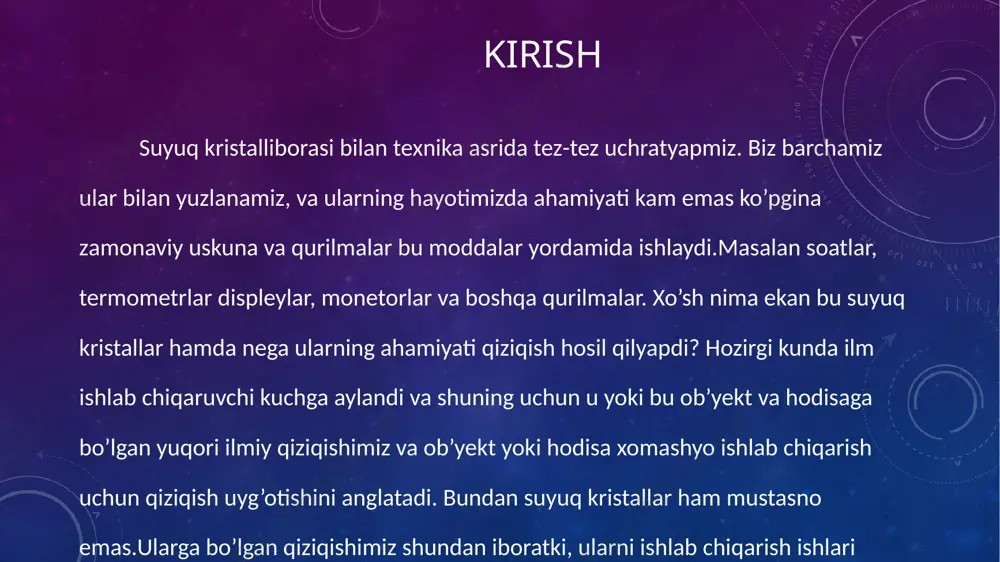 n qiziqish ortganligi sabab izlanuvchilar suyuq kristallarni o’rganish rivojiga hamda qisman suyuq kristallar optikasi rivojiga katta hissa qo’shdi. i.g.chistyakov, a. r. kapustin, s.a brazovskiy, s.a. piken, y.m. bhinov va boshqa olimlarning ishlari bu sohada mashhur va suyuq kristallarning samarali texnik vositalarini kasf qilishgahlar.suyuq kristallarning mavjudligini 1888 yil abstryalik botanik fridrix reynitser suyuq kristallarning xolesterik turini kashf qilgan. u yangi sentezlangan xolesterikbenzoat moddasini kuzatib, 145 0 c temperaturada bu moddaning kristali erib, suyuqliklarning xira yorug’lik hosil qilishin aniqladi. issiqlik miqdori 179 0 cga borganda suyuqlik yorqinlashadi, ya’ni o’zini optik munosabatda ko’rsata boshladi, xuddi oddiy suyuqlik kabi, masalan suvdek, xolesterilbenzoatning kutilmagan xossalari aniqlashtirgan xira fazada polyarizatsion mikraskop ostida bu fazani kuzatish juda qiziqrli edi. reynitser aniqladiki, u ikkiyoqlama sinadi. bu yorug’lik sinishini ko’rsatkichi, ya’ni yorug’lik tezligi bu fazada faza bog’lik ekan.suyuq kristallar buyicha respublikamizda ham juda ko’p ilmiy ishlar qilingan, masalan samarqand davlat universiteti “fizika fakul’teti” ga qarashli “kvant optikasi va radioelektronikasi” …