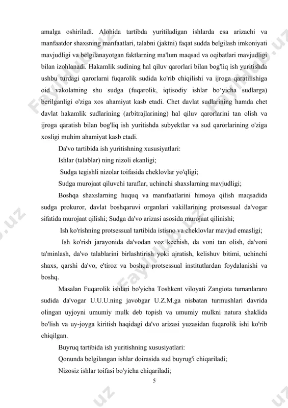 rug'i chiqariladi; nizosiz ishlar toifasi bo'yicha chiqariladi; sud muhokamasi o'tkazmasdan chiqariladi; taqdim etilgan dalillar doirasida sud buyrug'i chiqariladi. sud buyrug'ini qabul qilish va bekor qilishning o'ziga xos tartibi mavjud; yakka sudya tomonidan chiqariladi va boshq. masalan fuqarolik ishlari bo'ʻyicha toshkent shahar mirobod tumanlararo sudida undiruvchi toshkent shahar, yashnobod tumani, m.ashrafiy 2-tor ko'cha, 22-uyda yashovchi, 17.08.1994-yilda tug'ilgan m.m. ning qarzdor- toshkent shahar, yashnobod tumani, m.ashrafiy 2-tor ko'cha, 22-uyda yashovchi, 05.07.1988-yilda tug'ilgan n.n.ga nisbatan voyaga yetmagan farzandi ta'minoti uchun aliment undirish haqidagi arizasini koʻrib chiqib, oʻzbekiston respublikasi fuqarolik protsessual kodeksining 177-178-moddalari hamda oila kodeksining 96, 99-moddalarini qoʻllab, qarzdor n.n.dan undiruvchi m.m.ning foydasiga 22.12.2015-yilda tugʻilgan n.n. ismli farzandi ta'minoti uchun u voyaga yetguniga qadar qarzdorning har oylik ish haqi va boshqa turdagi daromadlarining 1/4 qismi miqdorida 2020-yil mart oyining 19-kunidan boshlab aliment undirish haqida sud buyrug'i chiqarilgan va ushbu sud buyrug'i darhol ijroga qaratilgan. alohida tartibda ish yuritish xususiyatlari: nizosiz va alohida xususiyat …