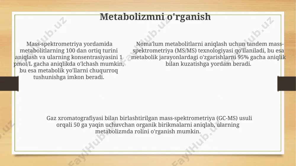 iladi, bu biokimyoviy tadqiqotlarda muhim ahamiyatga ega. mass-spektrometriya: kirish mass-spektrometriya turli xil namunalarni, jumladan, organik va noorganik birikmalarni, 10⁻⁹ dan 10⁻¹² grammgacha bo'lgan miqdordagi komponentlarini aniqlash imkonini beradi. ushbu usul ionlarning massa-zaryad nisbatini aniqlashga asoslangan bo'lib, yuqori aniqlikdagi ma'lumotlarni taqdim etadi va murakkab aralashmalarning tarkibini tahlil qilish imkonini beradi. mass-spektrometrlarning turli xil turlari mavjud, masalan, gaz xromatografiyasi bilan bog'langan mass-spektrometriya (gc-ms) va suyuqlik xromatografiyasi bilan bog'langan mass-spektrometriya (lc-ms), ularning har biri o'ziga xos afzalliklarga ega. oziq-ovqat mahsulotlarini tahlil qilish oziq-ovqat mahsulotlarining kelib chiqishini va uning haqiqiyligiga ishonch hosil qilish uchun, iz elementlarining izotop nisbatlarini tahlil qilishda mass-spektrometriya muhim rol o’ynaydi. oziq-ovqat mahsulotlaridagi pestitsidlar miqdorini aniqlashda yuqori samarali suyuq xromatografiya-mass spektrometriya (hplc-ms) usuli 0,1 ppm dan past konsentratsiyalarda ham aniq natijalar beradi. oziq-ovqat mahsulotlaridagi pestitsidlar miqdorini aniqlashda yuqori samarali suyuq xromatografiya-mass spektrometriya (hplc-ms) usuli 0,1 ppm dan past konsentratsiyalarda ham aniq natijalar beradi. kimyoviy kinetika va termodinamika termodinamik jihatdan barqaror mahsulotlarni …