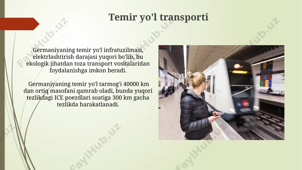 k tashishlar germaniya iqtisodiyotining 20% dan ortig'ini tashkil etadi va millionlab tonna yuklarni qayta ishlaydi. germaniya avtomobil yo'llari tarmog'ining uzunligi 600 000 km dan oshadi, bu esa samarali yuk tashish va tezkor yetkazib berishni ta'minlaydi. shahar transporti germaniyaning yirik shaharlarida avtobus va tramvay liniyalari keng tarmoqqa ega bo'lib, kuniga millionlab yo'lovchilarni tashiydi va ekologik toza transport vositalarining ulushi o'sib bormoqda. germaniyaning shahar transporti tizimi yillik 10 milliard yevrodan ortiq mablag' bilan moliyalashtiriladi va taxminan 100,000 dan ortiq odamni ish bilan ta'minlaydi. havodagi transport germaniyada temir yoʻl transporti yaxshi rivojlangan boʻlib, kuniga 40 000 dan ortiq poyezdlar 33 000 kilometrdan ortiq temir yoʻl liniyalari orqali harakatlanadi. germaniyaning yirik shaharlarida samarali jamoat transporti tizimi mavjud boʻlib, kuniga oʻrtacha 10 million yoʻlovchi metro, tramvay va avtobuslardan foydalanadi. suv transporti germaniyaning suv transportining rivojlangan yo'l tarmog'i yiliga 15 million tonnadan ortiq yuk tashiydi, bu esa mamlakat iqtisodiyotining muhim qismidir. suv transportining katta qismi, taxminan …