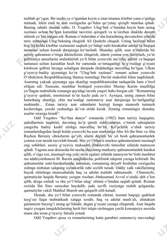 i. yozuvchi qahramonni turli voqealar oqimida gavdalantirar ekan, ular ta’sirida personaj qalbida, ongida qanday o‘zgarishlar sodir bo‘lganligi, qanday o‘y-fikrlar tug‘ilganini ham tasvirlab boradi. shu tariqa kitobxon ko‘z o‘ngida ulug‘bekning hazin kechinmalari, iztiroblari, kitoblarni saqlab qolishdek muqaddas burchini unutmaganligi, ular haqida qayg‘urishi, kurashishi o‘zaro aloqadorlikda namoyon bo‘ladi. qahramonning so‘zlashish tarzida ham davr ruhi yaqqol seziladi. “ulug‘bek xazinasi”ning tasvir maromi ko‘pgina tarixiy asarlardan farqli o‘laroq xiyla tezkor, shiddatli. asarda o‘tkir dramatik lavhalar, ichki ruhiy kechinmalar, xarakterlar va g‘oyalarning oshkora to‘qnashuvi asosiga qurilgan yorqin epizodlar ko‘p. bir tomondan, romanda biz talay kuchli ruhiy kolliziyalar tasvirini o‘qiymiz. ulug‘bek iztiroblari, abdullatifning ota o‘limidan keyingi vasvasayu ruhiy qiynoqlari, xususan, bog‘dagi so‘nggi kechadagi dahshatli holati keskinligi bilan berilgan. ikkinchi tomondan, yozuvchi xarakterlararo to‘qnashuvlar tasviriga katta e’tibor qaratgan. ulug‘bekning shayx nizomiddin bilan ilmiy musohabasi, o‘g‘li abdullatif bilan yuzma-yuz to‘qnashuvi, ali qushchi bilan mavlono muhiddin orasidagi dahanaki janglar – bular shunchaki olishuvlar bo‘lmay, turli g‘oya, e’tiqodlarning kurashidir. yozuvchi ulug‘bek …