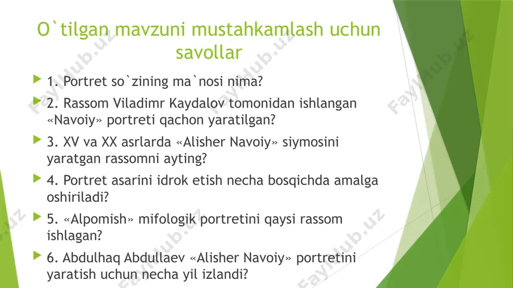 n tasvirlangan. portretni ishlashdan avval tarixiy portretning bosqichli namunaviy tasvirida ko`rsatilgan chizish bosqichlarini diqqat bilan o`rganing. chizish ketma-ketligini kuzatib o`rganganingizdan so`ng shu qoidalar ustida portretni ishlang. 1. harakatdagi holat bo`yicha yordamchi o`q chizig`ini o`tkazing. 2. o`q chiziqqa bosh o`lchamini besh barobar joylashtiring. 3. ikkinchi bosh o`lchamining o`rtasidan bo`yin, yelka va qo`l uchun yordamchi chiziq chizing. 4. bosh qismi, bosh kiyimi, tana chegarasi, qo`l qalinligi, qo`ldagi kitobni homaki tarzda yengil chiziqlar bilan chizib oling. 5. portret ishlash qoidalari asosida bosh shaklini uch qismga bo`lib, ko`z, qosh, burun, lab kabi a`zolarni chizib joylashtiring. qo`ldagi qog`oz, kitob, libos kabi buyumlar chegarasini aniqroq qilib chizing va orqa fondagi qo`shimcha to`ldiruvchi narsalarni chizing. surat tayyor bo`lgandan keyin unga rang tanlang. yangi mavzuni mustahkamlash. berilgan rasmlarda tasviriy san`atning qaysi janrlar aks ettirilgan uyga vazifa oddiy qora qalamda darslikdagi tarixiy portretlardan birini o`ziga qarab chizib kelish. image1.jpeg image2.jpeg image3.jpeg image4.png image5.jpg image6.jpg image7.jpg image8.jpeg /docprops/thumbnail.jpeg