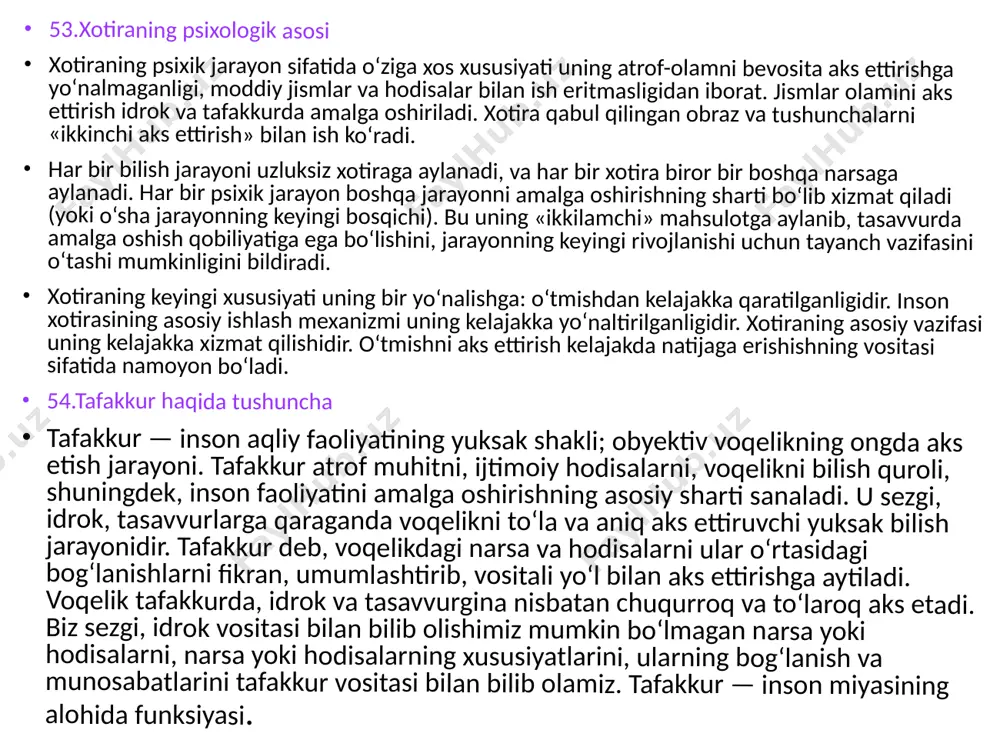 , jarayonning keyingi rivojlanishi uchun tayanch vazifasini o‘tashi mumkinligini bildiradi. xotiraning keyingi xususiyati uning bir yo‘nalishga: o‘tmishdan kelajakka qaratilganligidir. inson xotirasining asosiy ishlash mexanizmi uning kelajakka yo‘naltirilganligidir. xotiraning asosiy vazifasi uning kelajakka xizmat qilishidir. o‘tmishni aks ettirish kelajakda natijaga erishishning vositasi sifatida namoyon bo‘ladi. 54.tafakkur haqida tushuncha tafakkur — inson aqliy faoliyatining yuksak shakli; obyektiv voqelikning ongda aks etish jarayoni. tafakkur atrof muhitni, ijtimoiy hodisalarni, voqelikni bilish quroli, shuningdek, inson faoliyatini amalga oshirishning asosiy sharti sanaladi. u sezgi, idrok, tasavvurlarga qaraganda voqelikni toʻla va aniq aks ettiruvchi yuksak bilish jarayonidir. tafakkur deb, voqelikdagi narsa va hodisalarni ular oʻrtasidagi bogʻlanishlarni fikran, umumlashtirib, vositali yoʻl bilan aks ettirishga aytiladi. voqelik tafakkurda, idrok va tasavvurgina nisbatan chuqurroq va toʻlaroq aks etadi. biz sezgi, idrok vositasi bilan bilib olishimiz mumkin boʻlmagan narsa yoki hodisalarni, narsa yoki hodisalarning xususiyatlarini, ularning bogʻlanish va munosabatlarini tafakkur vositasi bilan bilib olamiz. tafakkur — inson miyasining alohida funksiyasi. 55.tafakkur …