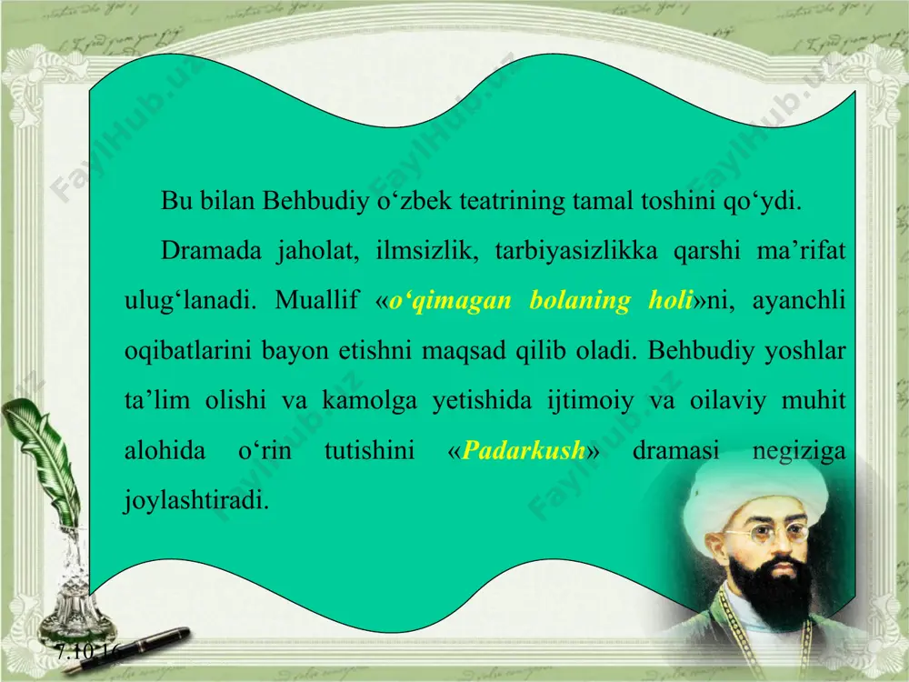 din bilimdoni va «olimi zamoniy» – zamon bilimdoni bo‘lish uchun qanday ilmlarni egallash zarurligini boy bilan bo‘lgan suhbatida bir-bir sanab chiqadi. dramada domla bilan ziyolining turmushdagi yo‘l-yo‘rig‘i bir-biriga yaqin. ular asardagi boy, toshmurod, tangri qul, artun kabi obrazlarga qarama-qarshi turadi. 7.10.16 dramatik asar voqealarini oradagi shu ziddiyat harakatga keltiradi. bu qarama-qarshilikka ijtimoiy ma’no berib, ma’rifatlilar bilan johillar, ilmlilar bilan ilmsizlar, ogohlar bilan loqaydlar o‘rtasidagi kurash tarzida tu shunish o‘rinli bo‘ladi. toshmurod do‘st kim, dushman kim – farqiga bormaydi. shu ning oqibatida tangriqul bilan birga o‘z uyiga o‘g‘rilik-ka borishga rozi bo‘ladi. otasining sandiqdagi mol-mulkini o‘marish yo‘llarini maishatparast sheriklari bilan rejalashtiradi. ularni o‘z uyiga boshlab borganida otasi sezib qoladi; boyni o‘ldirib, pulini olib ketishadi. 7.10.16 e’tibor bering, boyning arzandasi, aynan sizning tengdoshi-ngiz toshmurod o‘qimagani, ko‘cha changitib yurgani sababli ham o‘zidan yoshi kattaroq o‘g‘ri, muttahamlarga qo‘shilib qoladi. mavzuga diqqat qilinsa, oradan bir asrdan ortiqroq vaqt o‘tgan bo‘lsada, ayni zamonamizda ham o‘qimagani bois turli …
