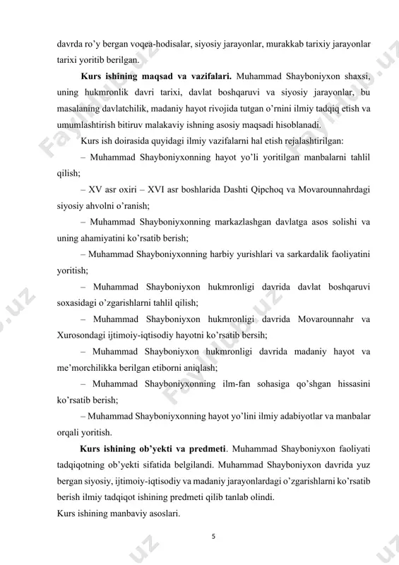 ing hayot yo’li yoritilgan manbalarni tahlil qilish; – xv asr oxiri – xvi asr boshlarida dashti qipchoq va movarounnahrdagi siyosiy ahvol ko’rsatib berildi; – muhammad shayboniyxonning markazlashgan davlatga asos solish jarayoni yoritildi; – muhammad shayboniyxonning harbiy yurishlari, sarkardalik mahoratlari yoritib berildi; – muhammad shayboniyxonning davlat boshqaruvi soxasidagi isloxotlari aniqlandi; – muhammad shayboniyxon hukmronligi davrida movarounnahr va xurosondagi ijtimoiy-iqtisodiy hayot ko’rsatib berildi; – muhammad shayboniyxon hukmronligi davrida madaniy hayotning ahvoli aniqlandi; – muhammad shayboniyxonning ilm-fan sohasiga qo’shgan hissasini ko’rsatib berildi. kurs ishi natijalarining ilmiy-amaliy ahamiyati. ushbu kurs ishda turli ilmiy ma’lumotlarni hisobga olgan holda, yangi uslubiy va nazariy yondashuvlar asosida muhammad shayboniyxon davrining o’ziga xos xususiyatlari o’rganilib umumlashtirildi. bu ishning ilmiy ahamiyatini belgilab beradi. shuningdek, ushbu tadqiqot natijalaridan, oliy o’quv yurtlarida talabalarga ma’ruzalar o’qish jarayonida, o’zbekiston tarixining tegishli bo’limlari, darsliklar va o’quv qo’llanmalari yozishda, maxsus kurslarda qo’llanma, monografiya va risolalar tayyorlashda, o’zbekistonda tarixiy-madaniy merosni o’rganish va targ’ib qilishda foydalanish mumkin. ishning …