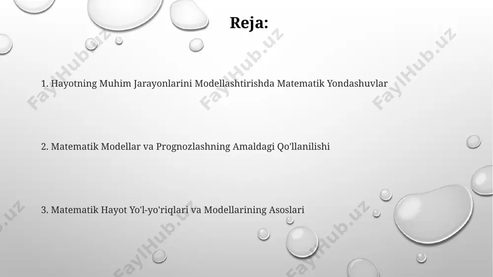 matik modellashtirish, masalan, 10 yillik demografik prognozlarni aniqlashda, o'zbekistonning 2030-yilgi aholisi sonini bashorat qilishda qo'llaniladi. fibonacci ketma-ketligi (1, 1, 2, 3, 5...) tabiatdagi o'simliklarning o'sish naqshlarida, masalan, quyoshgulining urug'lari joylashuvida kuzatiladi va 1,618 oltin nisbatiga bog'liq. matematik modellarni amaliy qo'llash misollari farg'ona vodiysidagi suv resurslarini boshqarish uchun 3 ta suv ombori va 5 ta kanalning matematik modeli yaratildi. model yordamida suv taqsimotiga oid 7 ta turli variant simulyatsiya qilinib, eng maqbul strategiya aniqlandi. matematik modellardan foydalanib, toshkent shahrida 2023-yilgi transport oqimini optimallashtirish bo'yicha 5 ta turli stsenariy simulyatsiya qilindi va eng samarali variant aniqlandi, bu yo'llar bo'ylab harakatlanish vaqtini 15% ga kamaytirdi. andijon viloyatidagi 1000 ga yaqin paxta dalasining hosildorligini bashorat qilish uchun regressiya tahlili modeli qo'llanildi, natijada o'rtacha hosildorlik 3,5 sentner/ga ko'rsatkichiga erishildi, bu prognozlarning aniqligi 90% ni tashkil etdi. e'tiboringiz uchun rahmat @taqdimot_robot image1.png image2.png image3.png
