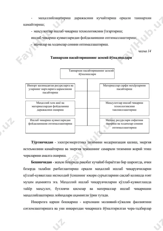 олиб боришдир. шундай қилиб, инқирозга қарши бошқаришни асосий вазифалари қуйидагилардир: -корхонадаги салбий ҳолатларнинг олдини олиш; · инқироз ҳодисалари сабларини аниқлаш ва баҳолаш; · оқибатларни бартараф чораларини ишлаб чиқиш; · бу чораларни амалга ошириб инқироз жараёнларига чек қўйиш. инқирозга қарши менежмент аслида фақат инқироз даврида эмас, балки ундан олдин ҳам олиб борилиши керак, яъни инқирозга қарши бошқарув молиявий менежментнинг ажралмас қисмига айлантирилиши лозим. кўпинча бу хатарларни бошқариш ва пасайтириш чоралари кўринишида амалга оширилади. инқирозни олдини олиш ўз таркибига қуйидагиларни олади: - корхонада молиявий-иқтисодий мониторинг олиб борилиши ўтказиш; · салбий жараёнлар ва тенденцияларни ўз вақтида аниқлаш; · корхона масъулият марказлари фаолиятини объектив (холис) баҳолаб бориш; - молиявий бошқарув қарорлари қабул қилиниш ва амалга оширилишида инқирозга қарши мазмун ҳам бўлишига эътибор қаратиш. · инқироз пайтида эса корхонада молиявий бошқариш бевосита ўз олдига қуйидаги мақсадларни қўяди: · корхонада молиявий тангликни бартараф этиш ва молиявий ҳолатни яхшилаш; · ишлаб чиқарилган маҳсулотни сотиш ҳажмини ошириш; · …