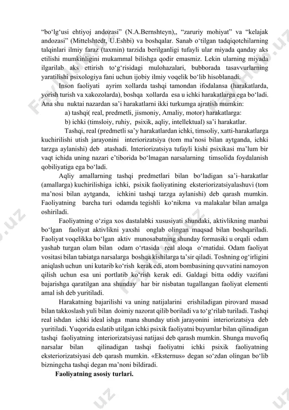 lati; b) qiyofaning saqlanishi (tik turish, o‘tirish); v) joy almashish (yurish, yugurish); g) aloqa vositalari sa’y-harakatlari qatnashadi. odatda, aloqa vositalari tarkibiga: a) ifodali sa’y-harakatlar (imo-ishora, pantomimika); b) ma’noli ishoralar; v) nutqiy sa’y-harakatlar kiradi. sa’y-harakatlarning ush bu turlarda ta’kidlab o‘tilganlardan tashqari mushaklar, xiqildoq, tovush paychalari, nafas olish a’zolari ishtirok etadi. demak, narsalarni o‘zlashtirishga qaratilgan harakatning ishga tushishi muayyan sa’y-harakatlar tizimining amalga oshirilishini anglatadi. bu hodisa ko‘p jihatdan harakatning maqsadiga, ta’sir o‘tkaziladigan narsalarning xususiyatlariga va harakatning amalga oshishi shart-sharoitlariga bog‘liq. jumladan, a) kitobni olish qalamni olishdan boshqacharoq tarzdagi sa’y-harakatlarni taqozo etadi; b) avtomobilni haydash velosipedda uchishga qaraganda ayricha sa’y-harakat talab qiladi; v) ellik kg shtangani ko‘tarishda bir tonnaga qaraganda ko‘proq quvvat sarflanadi; g) kartonga katta shaklni yopishtirishga qaraganda kichik kisik shaklni joylashtirish qiyin kechadi. yuqorida keltirilgan misollar turlicha obyektlarga taalluqli bo‘lishiga qaramay, ularda harakatning maqsadi yagonadir. obyektlarning turlicha ekanligi sa’y-harakatlarning oldiga va mushak faoliyati tuzilishiga har xil talablarni, tizimni qo‘yadi. ushbu voqelik …