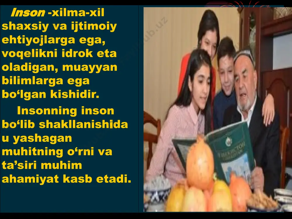 tashabbuskor bo’lishi lozim: . u bolaning dam olishi, o’quv va mehnat mashg’uloti, ota-ona va qarindoshlar, qo’ni-qo’shnilar bilan munosabat tarzini belgilab berishi kerak. ayniqsa, oilaviy munosabatlarni to’g’ri o’rnatish g’oyat nozik ish. unda ota-onaning tarbiyachilik vazifasi amalga oshadi. oilada bola oila a‘zolariaro insonparvarlik tuyg’ularini sezadi. bolalarga insonparvarlik tarbiyasini berishda ibrat-namuna metodimuhim ahamiyatga ega. ularga ertaklar, dostonlar aytib berish, qo’shiqlar o’rgatish, marosimlarda qatnashtirish, ukalariga muhabbat ruhini tarbiyalash lozim. donolar bisotidan: odamlar, insonparvar bo‘ling! bu sizning birinchi burchingiz. j.j. russo inson odamlarni sevishi kerak. agar u odamlarni sevsa, yashashi oson bo‘ladi, quvnoqroq yashaydi, chunki jahonda hech kim odamovilardek miskin umr kechirmaydi. m. i. kalinin barcha kamchiliklaridan qat’iy nazar, odamlar har narsadan ham ko‘ra ko‘proq mehrga loyiq. i. gyote odamlarga mehr — bu shunday qanotdirki, u bilan inson eng yuksakka parvoz qiladi. m. gorkiy menimcha, inson to tirik ekan, u sevadi, agar u odamlarni sevmasa, uning nima keragi bor! m. gorkiy odamning hayoti uning sahovati …