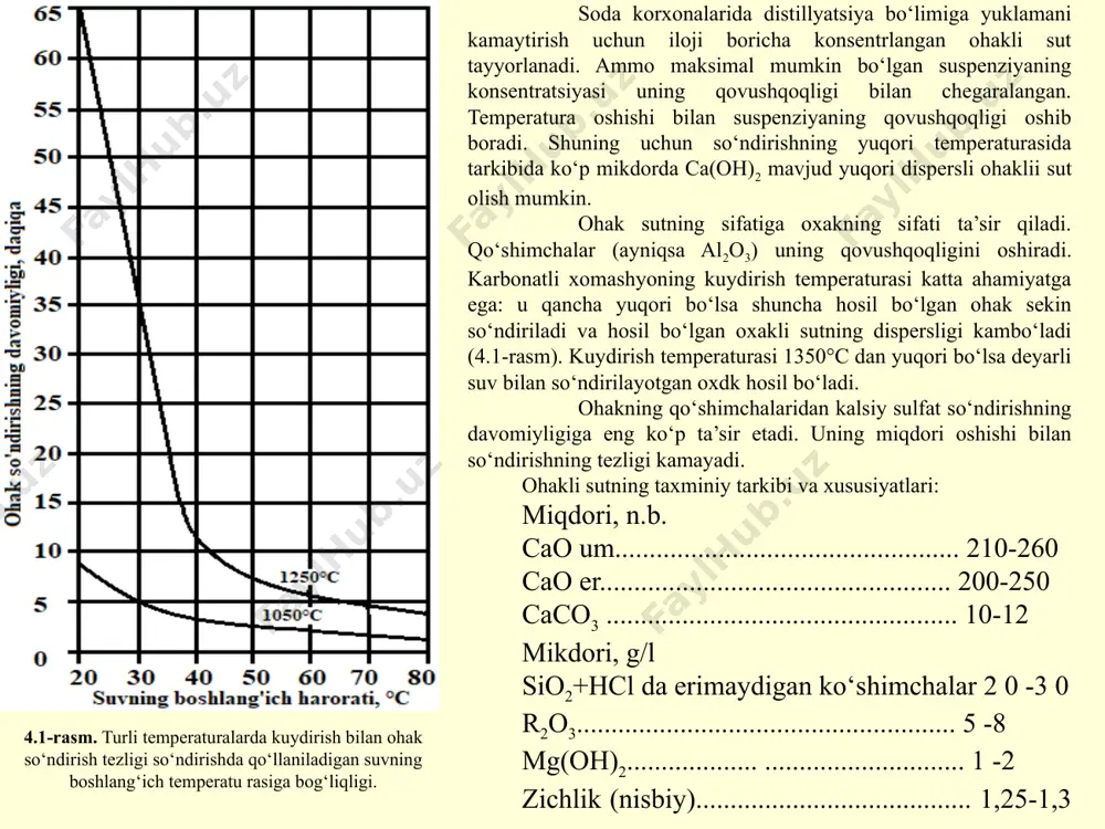 10 – kucheiz ohakli sutning aralashtirgichi; 11 vibrogroxot; 12 – tozalan gan kuchesiz ohakli sutning aralashtirgichi; 13 – chiqindi shlamning aralashtirgichi; 14 – klassifikator; 15 – konsentrlangan ohakli sutning aralashtirgichi. ohak ishchi bunikerdan (2) ohak ta’minlovchi (1) bilan aylanma baraban-so‘ndiruvchiga (3) beriladi. bu yerda bir vaqtda qizdirilgan suv va ohakning qo‘shimchalarini yuvgan suvlar (ojiz ohakli sut) beriladi. so‘ndirgichda (3) ohak so‘ndiriladi va tarkibida turli o‘lchamdagi qattiq zarralar bilan ohakli sut hosil bo‘ladi. ohakli sut qo‘shimchalar bilan birgalikda teshiklarining o‘lchami 40 mm bo‘lgan elakdan iborat sortlash barabaniga (6) kelib tushadi. sortlash barabani so‘ndirgichning davomi bo‘lib, uning bilan birgalikda aylanadi va ohakli sutni chala kuygan zarralardan ajratib beradi. sortlash baraban (5) kojuxning ichiga joylashgan, unga esa so‘ndirgichda hosil bo‘lgan bug‘ni chiqarish uchun ikkita quvur ulangan. birinchi quvur so‘ndirishga sarflanayotgan suvni bug‘ bilan qizdiradigan kondensator bilan (4) ulanadi, ikkinchi kuvur esa ta’mirlash va kondensatorni tozalashni mo‘ljallab, atmosferaga chiqarilgan. ohakli sut o‘lchamlari 40 mm …