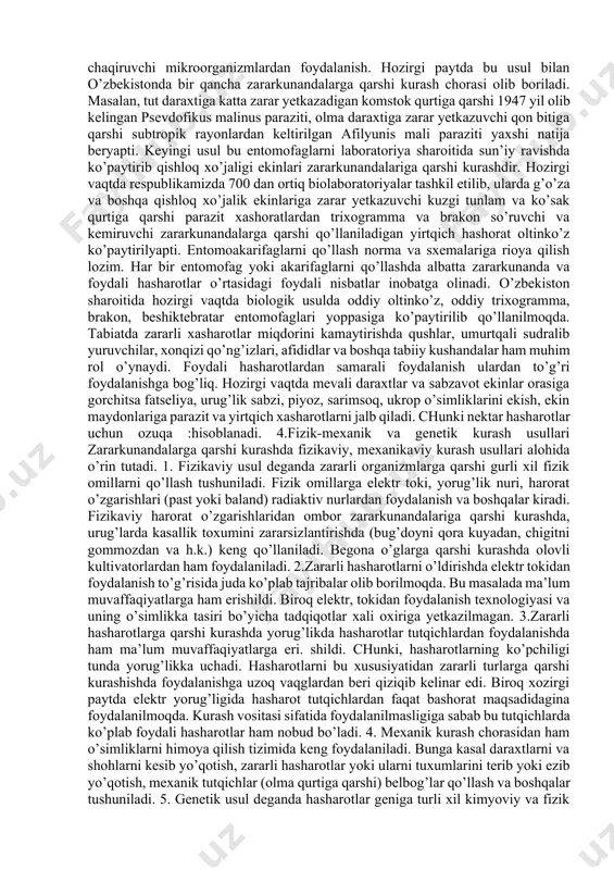 ortimentiga va ularni qo’llash usullariga ancha o’zgartirishlar kiritildi. kimyoviy kurash vositalaridan bundan keyingi foydalanish ham ekologik muammolarni e’tiborga olgan xolda olib borilishi lozim. 1 (piter wimmer. biologische pflansenschutz. in germany. 61-63. 1990 ) 2.zararkunandalarga qarshi yetarli ta’sir etish va foydali xasharotlarga zarar yetkazmaslik barcha yangidan yaratilgan pestitsidlar oldiga qo’yilgan asosiy talablardan biridir. pestitsidlarni zararli ta’sirini kamaytirish uchun quyidagi yo’nalishlarda izlanishlar olib borilmoqda. 1.insonlarga kam zaharli, ekologik bezarar dorilar ishlab chiqarish. 2.tanlab ta’sir etuvchi pestitsidlar ishlab chiqarish. 3.hasharotlarni rivojlanishini boshqaruvchi yangi moddalar (stimulyatorlar) ishlab chiqarish. 4.qo’llanishi qulay, atrof muxitda uzoq saqlanmaydigan samarali pestitsidlar ishlab chiqarish. 5.pestitsidlarni qo’llashni taktikasini takomillashtirish va bunda zararli aa foydali xasharotlarni biologik xususiyatlari, etnlarni rivojlanishi fenologiyalarini inobatga olish. 6.pestitsidlarni kumulyativlik (organizmlarda yig’ilishi) xususiyatini kamaytirish. 3.pestitsidlarga bo’lgan asosiy talablar: 1. tanlab ta’sir etish; 2.kumulyativlikni yo’qligi; 3.arzonligi; 4.saqlash, tashish va qo’llashga qulayligi; 5.atrof muhitga kam zaharliligi va h.k. 3. biologik kurash usuli va uni rivojlanish istiqboli biologik usul deganda …
