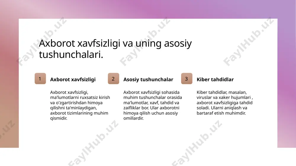 zimlar xavfsizligini ta'minlash, tahlil qilish va muammolarni hal qilish ko'nikmalari zarur. kiberxavfsizlik mutaxassislari uchun tarmoq xavfsizligi, shifrlash, va dasturiy ta'minot himoyasi kabi texnik bilimlar muhim ahamiyatga ega. kiberxavfsizlik sohasida tajriba orttirish uchun muammolarni hal qilish, tezkor qarorlar qabul qilish va analitik fikrlash qobiliyati zarur. kiberxavfsizlikda muvaffaqiyatli karyera rivojlanish yo'llari. kiberxavfsizlikda muvaffaqiyatli karyera rivojlanish yo'llari quyidagi asosiy jihatlarga e'tibor qaratadi: 1) malakali ta'lim olish; 2) amaliy tajriba orttirish; 3) sertifikatlar va professional tarmoq yaratish. ushbu yo'llar kiber tahdidlarga qarshi kurashishda muvaffaqiyatni ta'minlaydi. o'zbekistonda axborot xavfsizligi mutaxassislari uchun talablar. 1 ta'lim va sertifikatlar o'zbekistonda axborot xavfsizligi mutaxassislari uchun ilmiy darajalar, it va kiberxavfsizlik bo'yicha sertifikatlar talab etiladi, shu jumladan cissp va ceh. 2 amaliy tajriba ish beruvchilar amaliy tajribani yuqori baholaydilar. stajirovkalar va real loyihalarda ishtirok etish, mutaxassislik ko'nikmalarini oshiradi. 3 texnik ko'nikmalar axborot xavfsizligi sohasida ishlash uchun tarmoq xavfsizligi, kriptografiya, xavf tahlili va hujjatlangan siyosatlarni bilish zarur. karyera imkoniyatlari: axborot xavfsizligi …