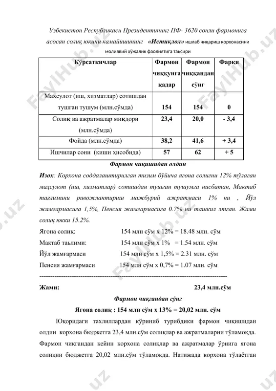 анилишини, шунингдек мазкур солиқлар бўйича солиқ ҳисоботи тақдим этилишини назарда тутади. қатьий белгиланган солиқни тўлаш белгиланган фаолият турларини амалга оширувчи ягона солиқ тўловчилар ва ягона ер солиғи тўловчилар ушбу фаолият турлари бўйича алоҳида-алоҳида ҳисоб юритишлари ҳамда солиқ кодекснинг 58-бобида назарда тутилган тартибда қатьий белгиланган солиқ тўлашлари шарт. ягона солиқ тўлови, ягона ер солиғи ҳамда тадбиркорлик фаолиятининг айрим турлари бўйича қатьий белгиланган солиқлар кодексда назарда тутилган жами умумбелгиланган солиқлар ва бошқа мажбурий тўловларнинг ўрнига тўланади, солиқ кодекснинг 349-моддасида санаб ўтилганлар бундан мустасно яьни: фойда солиғи, қўшилган қиймат солиғи, акциз тўланадиган маҳсулот ишлаб чиқаришда солинадиган акциз солиғи, божхона тўловлари; ягона ижтимоий тўлов, давлат божлари, товарларнинг айрим турлари билан чакана савдо қилиш ва айрим турдаги хизматлар кўрсатиш ҳуқуқи учун йиғим, давлат мақсадли жамғармаларига мажбурий ажратмалар (ягона солиқ тўлови тўловчилар бундан мустасно), автотранспорт воситаларини олганлик ва (ёки) вақтинчалик олиб кирганлик учун республика йўл фондига йиғим. маьлумки солиқ сиёсатида туб ўзгаришлар содир бўлди. 2007 йил …