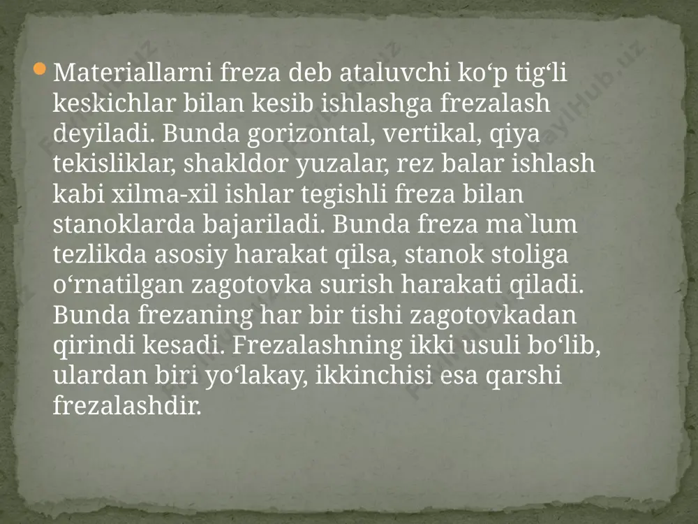 gan, yuqori aniqlikdagi ishlov berish texnologiyalaridan biri hisoblanadi. ushbu dastgohlarning avtomatlashtirilgan elektr yuritmalar bilan jihozlanishi samaradorlikni oshiradi va inson ishtirokini minimallashtiradi. bunday tizimlarni o‘rganish jarayonida quyidagi xulosalar chiqariladi: foydalanilgan adabiyotlar 15. хашимов а., мирисаев а., шамиев м. асинхронный электропривод с оптимальным управлением. энергия ва ресурс тежаш муаммолари. №3-4, тошкент, 2003. 7. хошимов о о.. имомназаров а.т. электромеханик тизимларида энергия тежамкорлик. дарслик, т. 2004. 8. хашимов а.а., мирисаев а.у., кан л.т. энергосберегающий асинхронный электропривод. ташкент, фан ва технологиялар. 2011. 9. хашимов а.а., савриддинов н. автоматизированный электропривод типовых промышленных механизмов (конспект лекций), ташкент, тдту. 2000. 10. shayakubov sh.k., avupov r.x. interfaol ta’lim usullari. - image3.png image4.png image5.png /docprops/thumbnail.jpeg