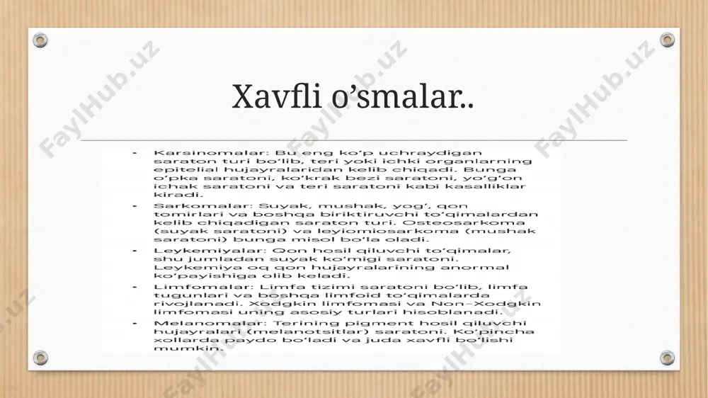 ngliyadagi tadqiqotlarda, olimlar, immunitetni faoliyatga oʻtkazib, saraton hujayralarini bartaraf qilish yoʻlini topdi. bemorning dnksi va oʻsimtani tekshirlib kishiga xos davolash uslubi belgilanadi. bundan oldin ham mutaxassislar saraton hujayralarini bartaraf qilish uchun immunitetdan foydalanishga uringan, lekin bunga muvaffaq boʻla olmagan. image4.png image5.png image6.png image7.png image8.png image9.png image10.png image11.png image12.png image13.png image14.png image15.png image16.png image17.png image18.png image19.png image20.png image21.png image22.png image23.png image24.png image3.png /docprops/thumbnail.jpeg